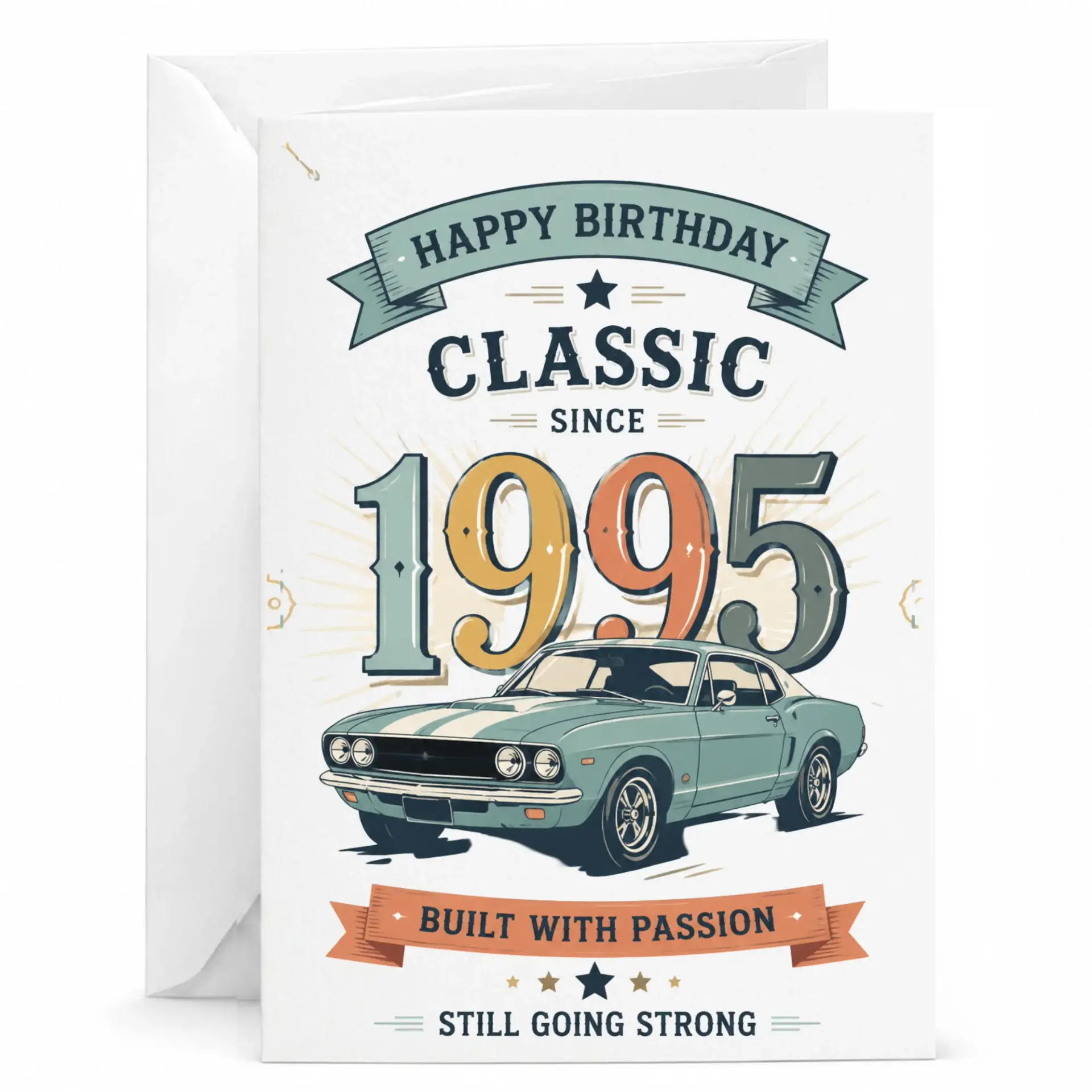 Birthday Card Classic Since 1995 Vintage Car Theme Greeting Card for Him or Her Premium Heavyweight Paper 5x7 Inches