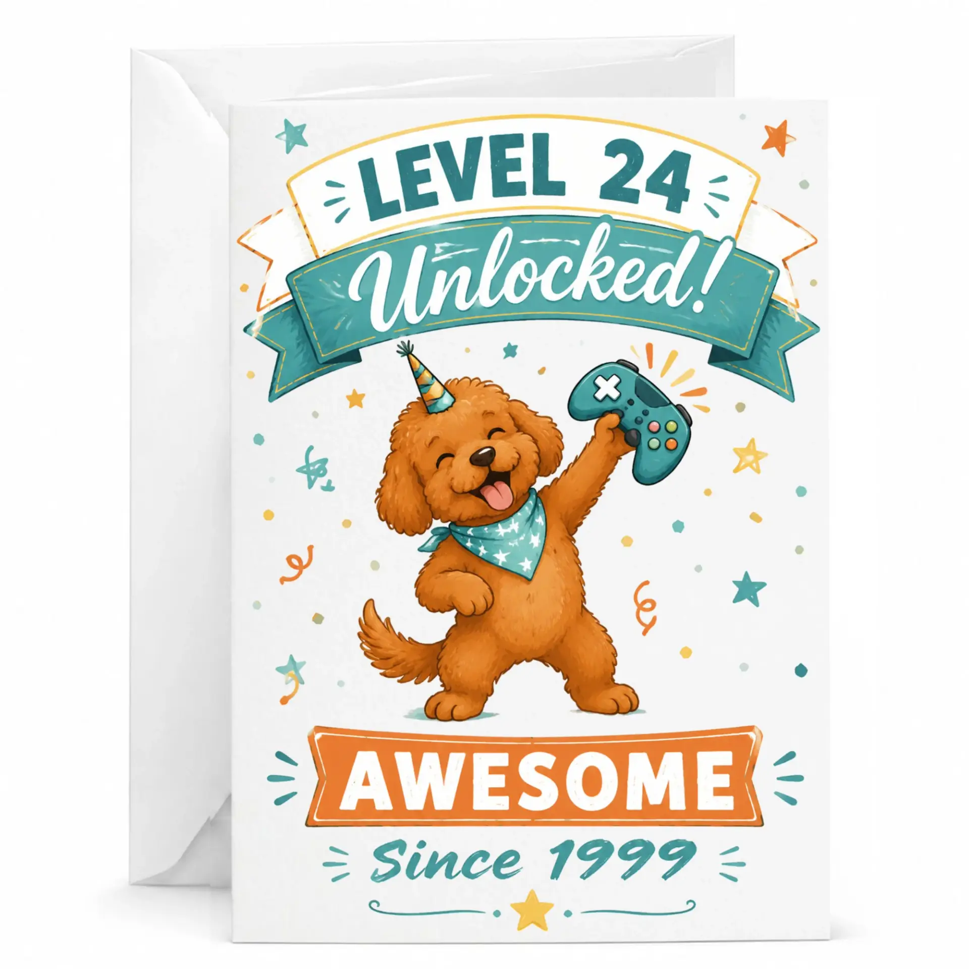Birthday Card Level 24 Unlocked Funny Gaming Dog Greeting Card for Gamer Turning 24 Years Old