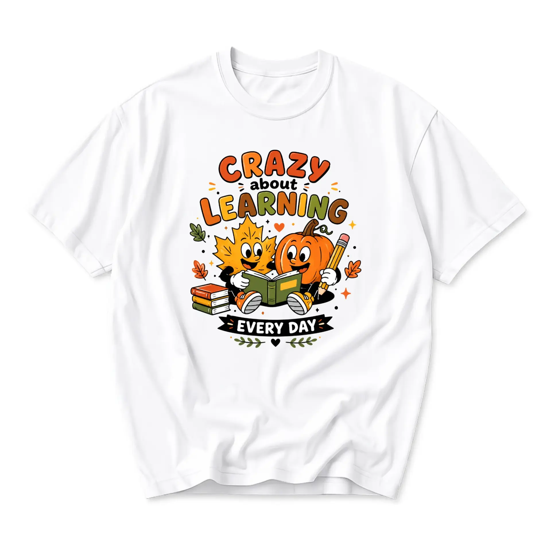 Graphic Tee Crazy About Learning Autumn Fall Pumpkin Leaf Print Unisex Crew Neck Short Sleeve Casual Cotton Shirt