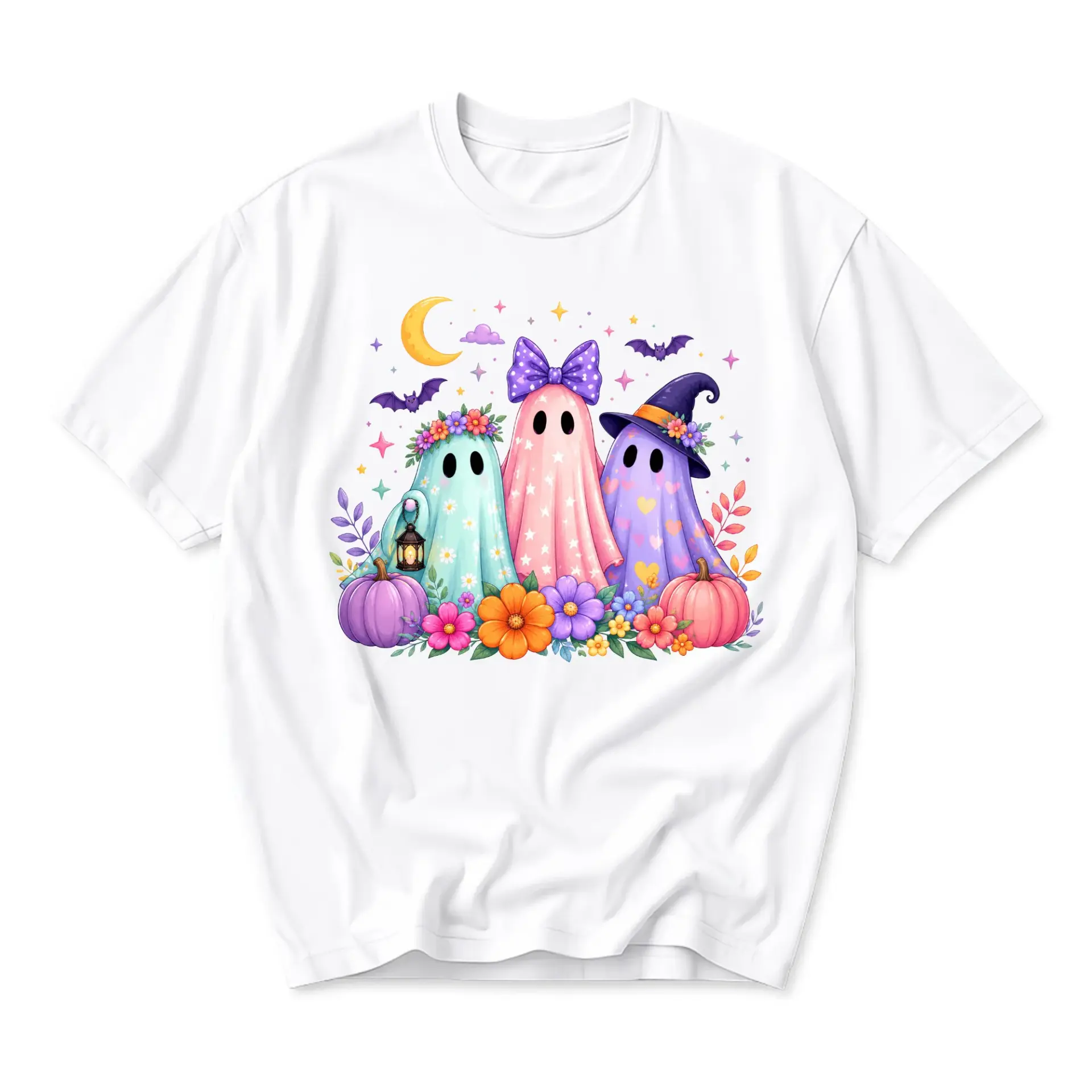 Graphic Tee Unisex Fall Season Ghost Illustration Crew Neck T-Shirt Soft Cotton Blend Apparel for Casual Daily Wear