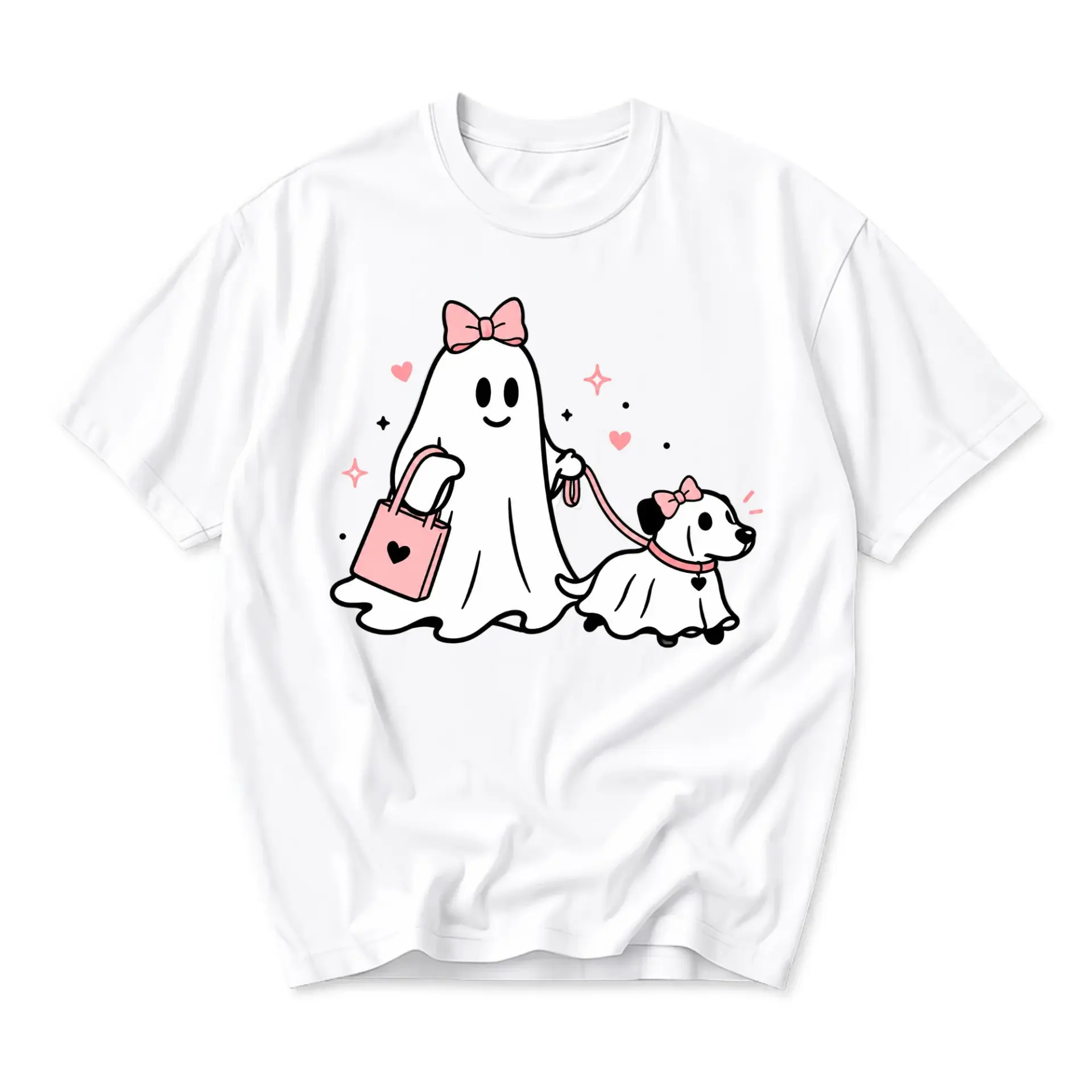 Graphic Tee Cute Ghost Walking a Dog with Pink Bows Print Unisex Casual Everyday Crew Neck Cotton Blend Shirt
