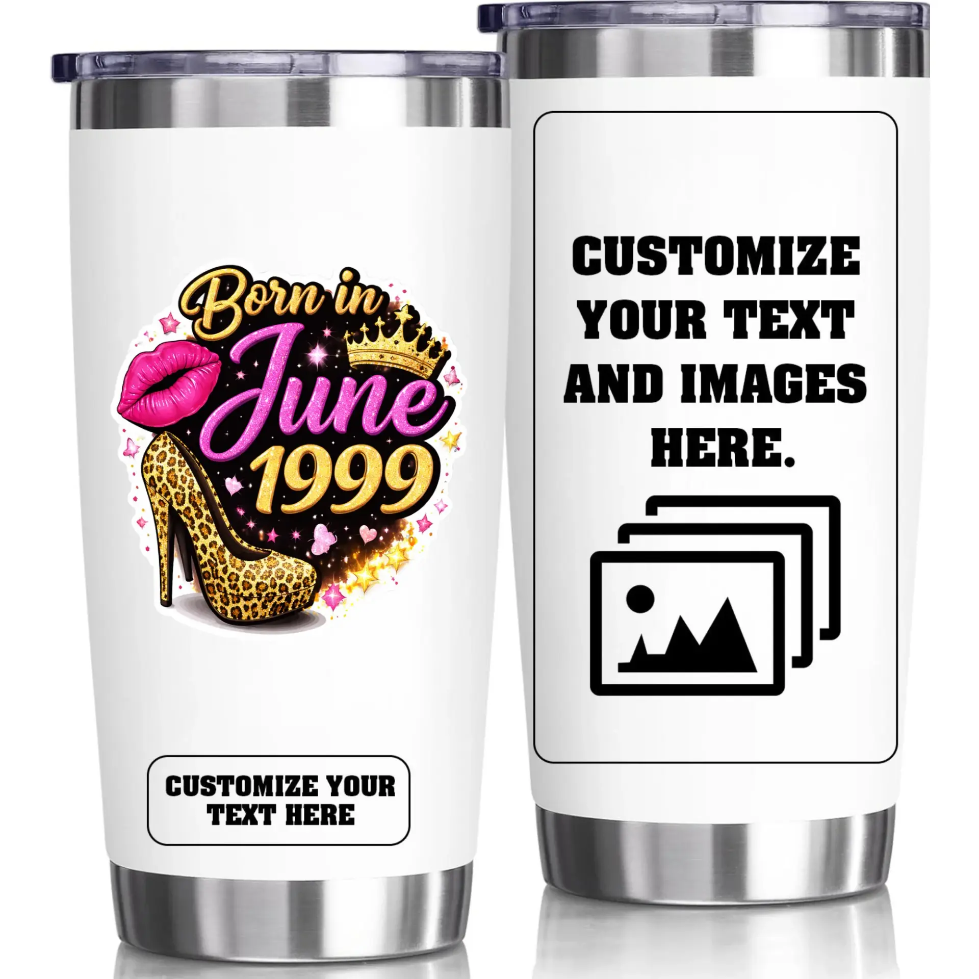 Stainless Steel Tumbler 20oz Born in June 1999 Birthday Travel Mug with Leopard Print High Heel and Crown Design