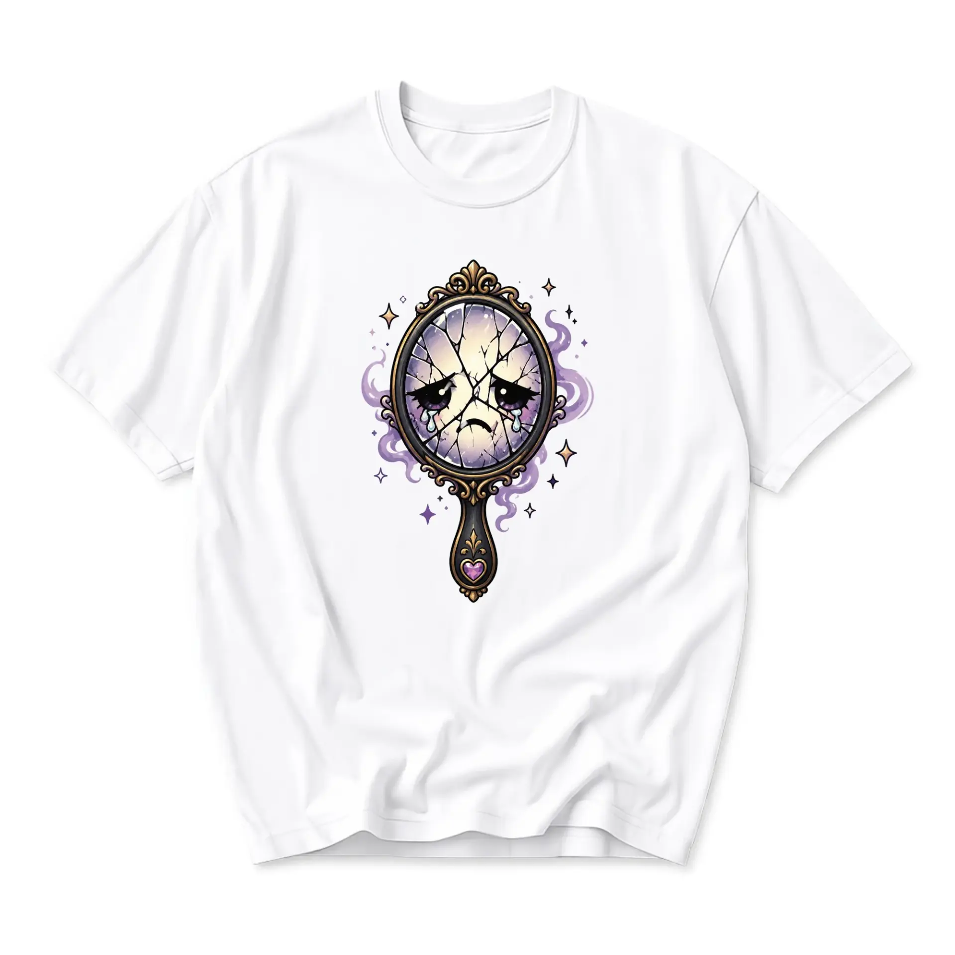 Graphic Tee Unisex Broken Mirror Illustration Artistic Casual Crew Neck Short Sleeve Soft Cotton Blend Shirt White