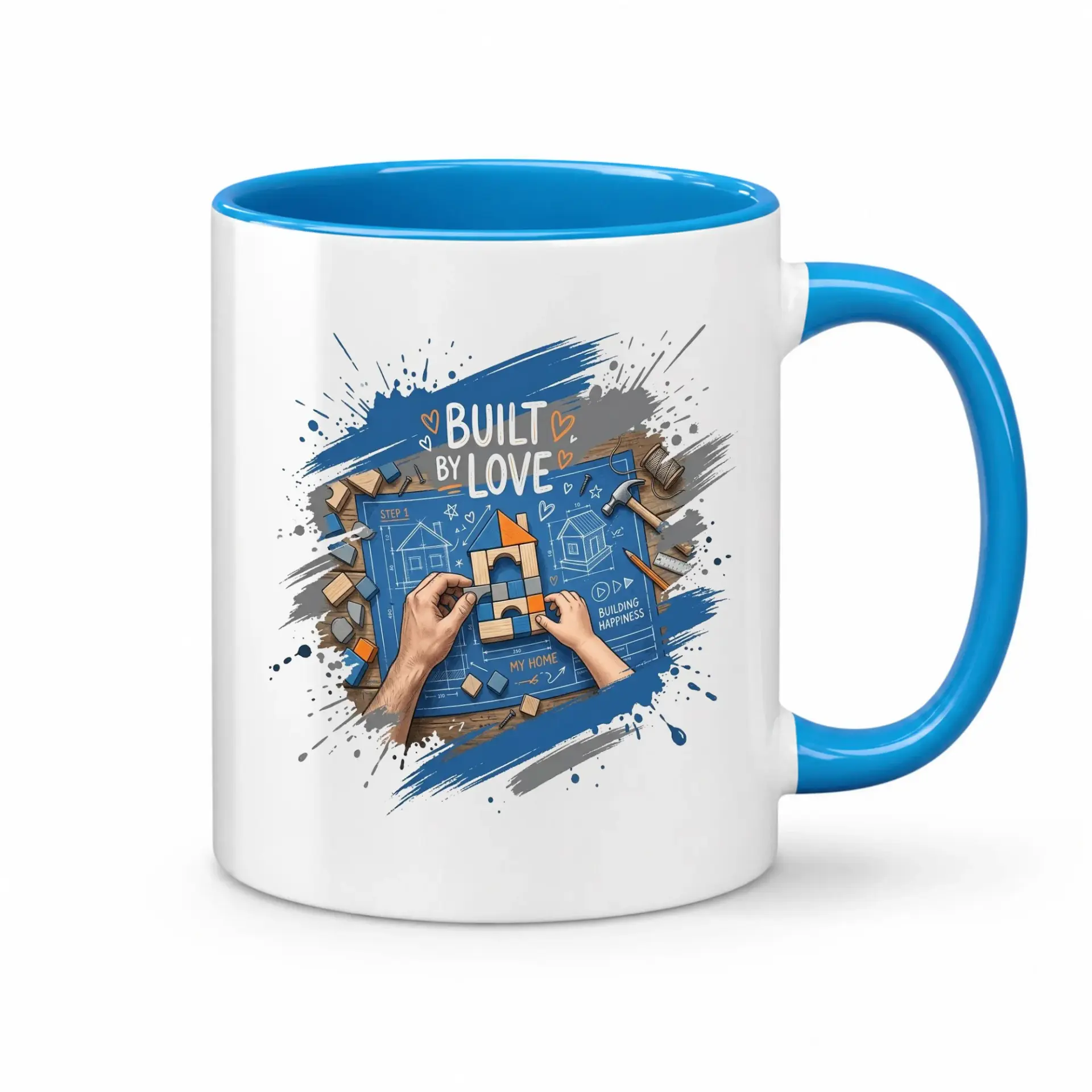Inspirational Built by Love Ceramic Coffee Mug with Blue Accent Handle for Home or Office Use Everyday Beverageware