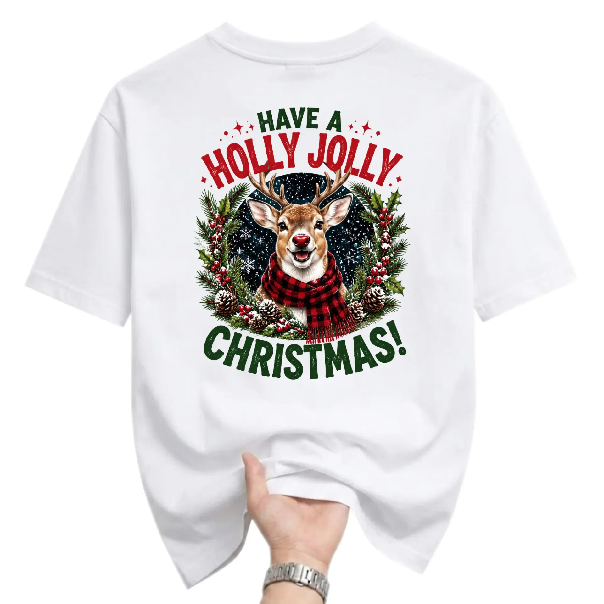 Graphic Tee Holly Jolly Christmas Reindeer Print Unisex Crew Neck Shirt for Seasonal Casual Everyday Wear