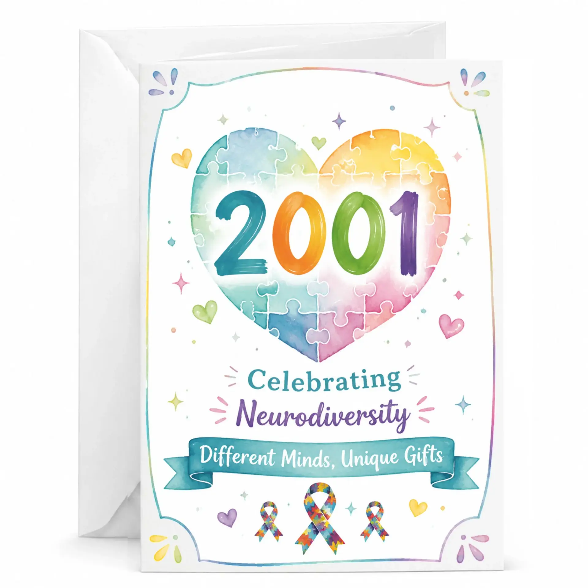 Greeting Card Celebrating Neurodiversity Different Minds Unique Gifts Watercolor Heart Design with Puzzle Pattern