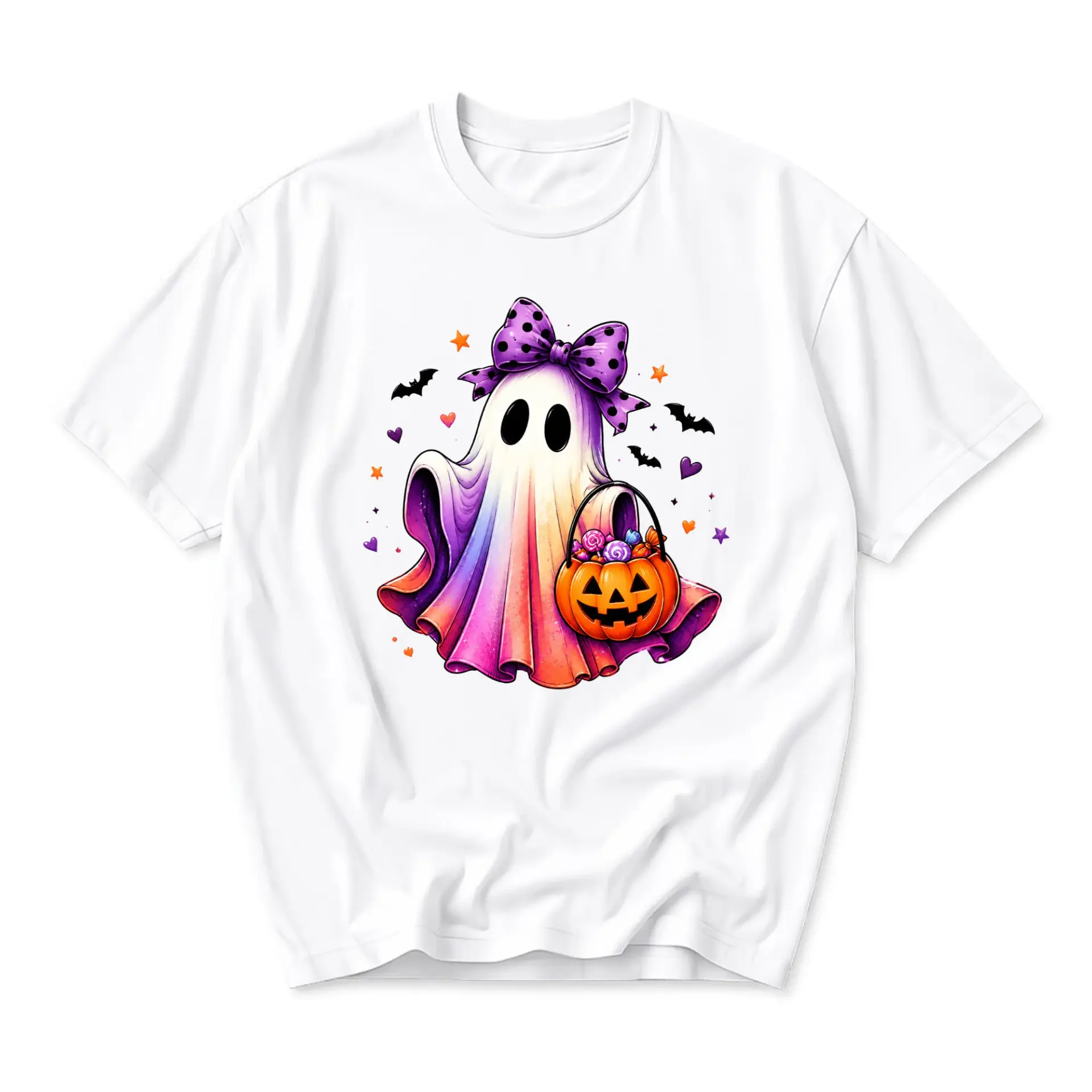 Graphic Tee Cute Ghost with Pumpkin Bucket and Purple Polka Dot Bow Print Unisex Short Sleeve Casual Holiday Shirt