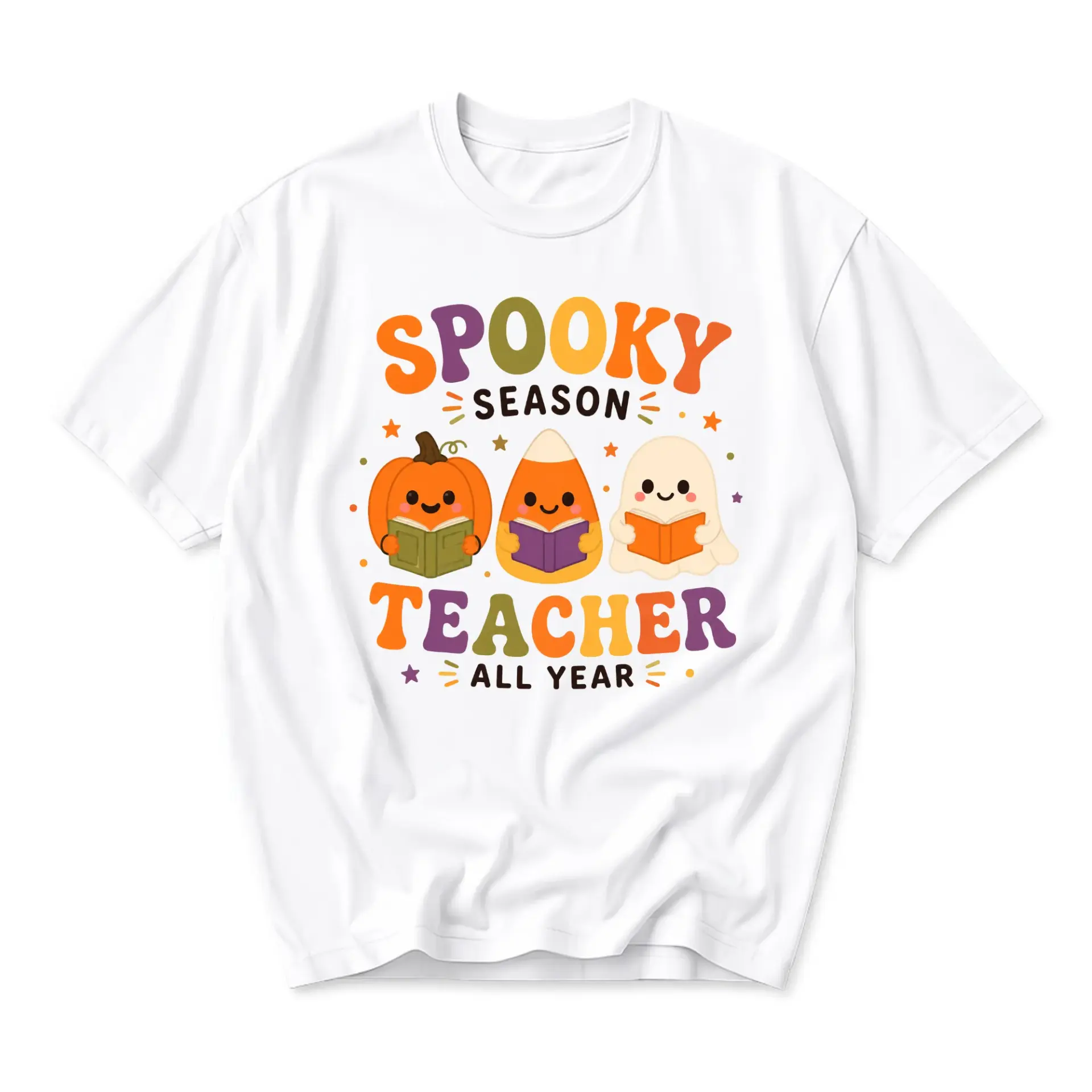 Graphic Tee Spooky Season Teacher All Year Fall Apparel Unisex Crew Neck Short Sleeve Shirt for Casual Everyday Wear