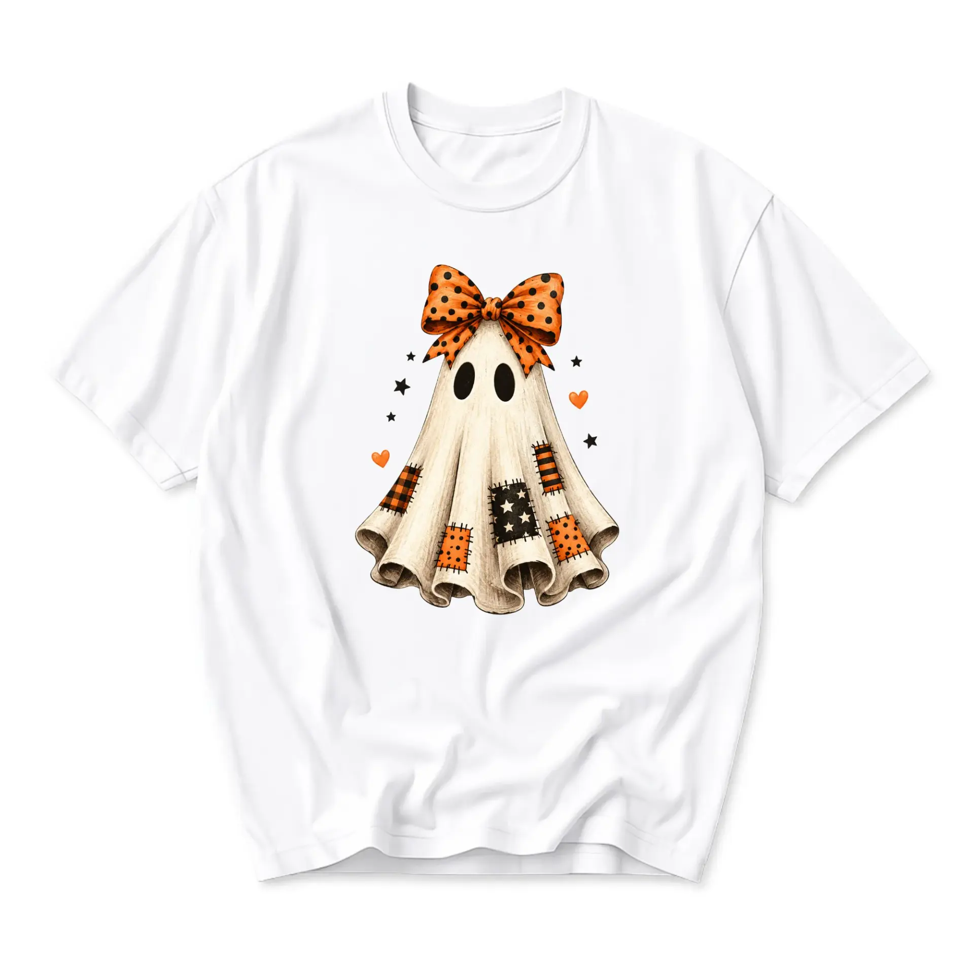 Graphic Tee Cute Halloween Ghost Shirt with Polka Dot Bow and Patchwork Pattern Unisex Crew Neck Casual Cotton Top