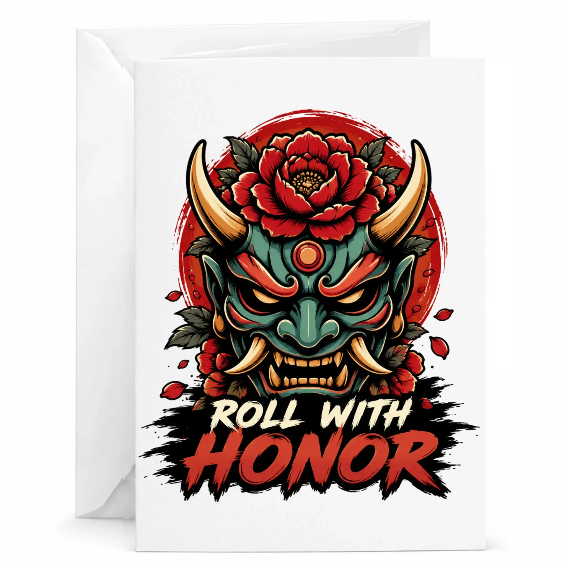Greeting Card Roll with Honor Featuring Japanese Mask Art Illustration on Premium Heavyweight Folded Stationery