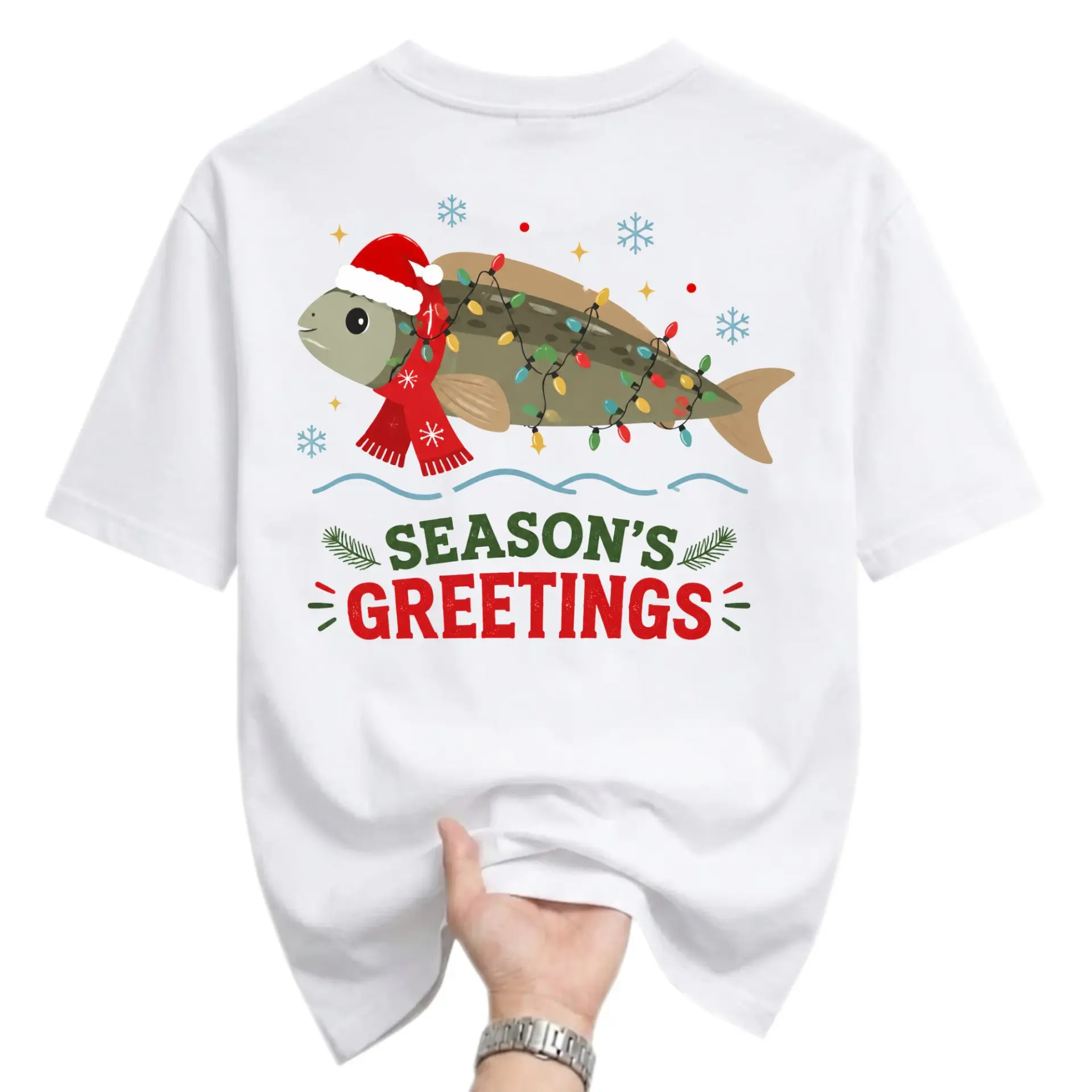 Funny Shirt Season Greetings Fishing Lover Holiday Graphic Tee Fish Illustration Unisex Casual Cotton Top