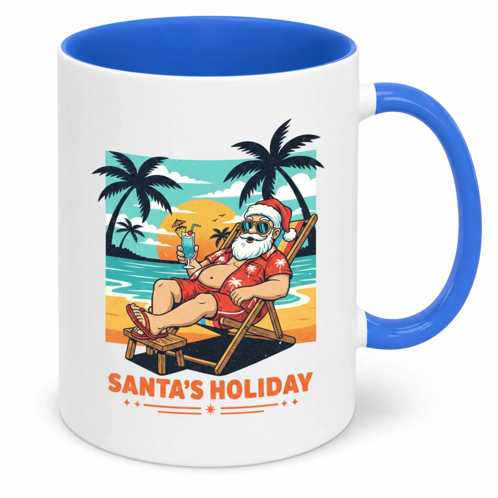 Funny Christmas Holiday Coffee Mug with Santa Claus Beach Design Relaxing Tropical Theme Ceramic Drinkware Cup Gift