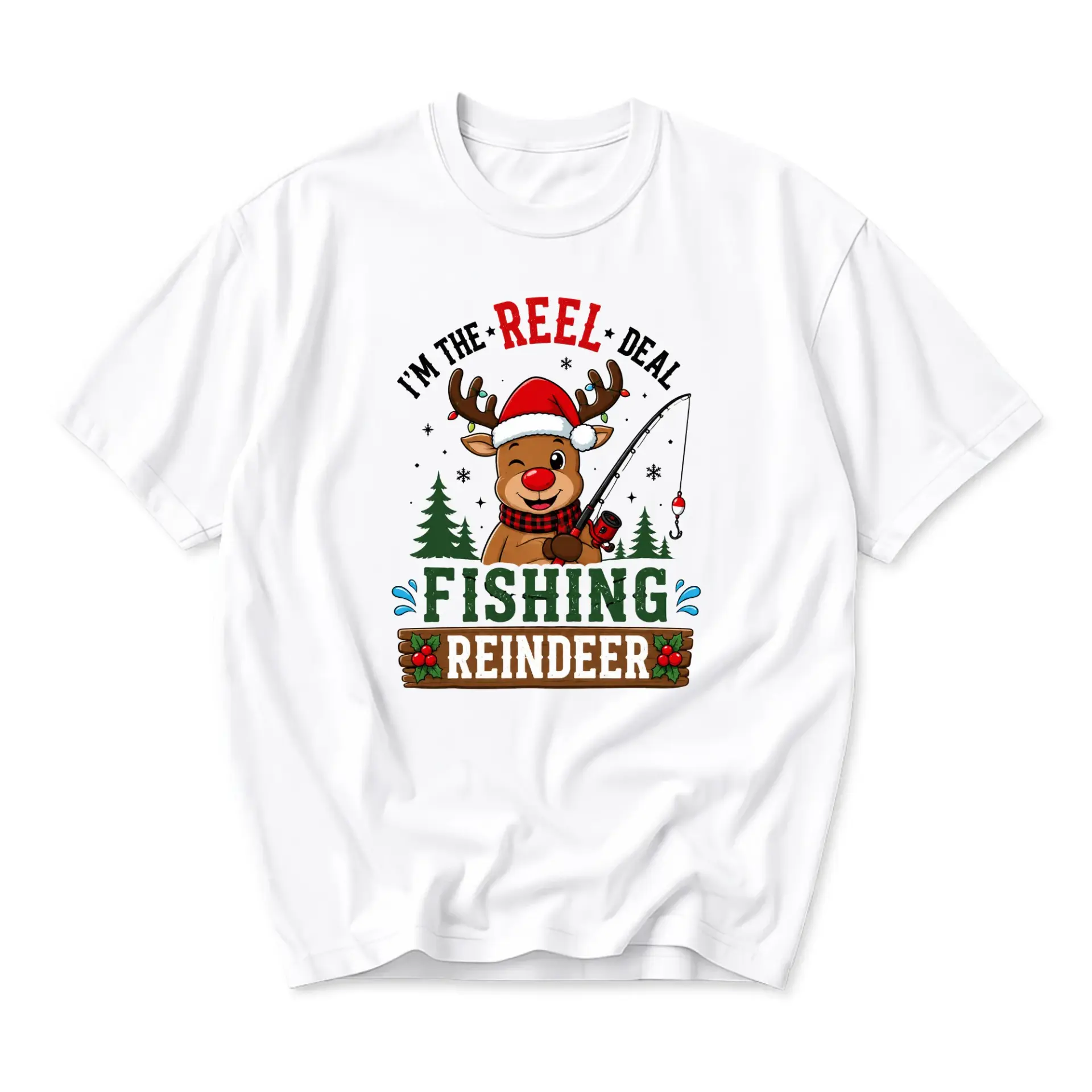 Funny Shirt Reel Deal Fishing Reindeer Holiday Graphic Tee Unisex Casual