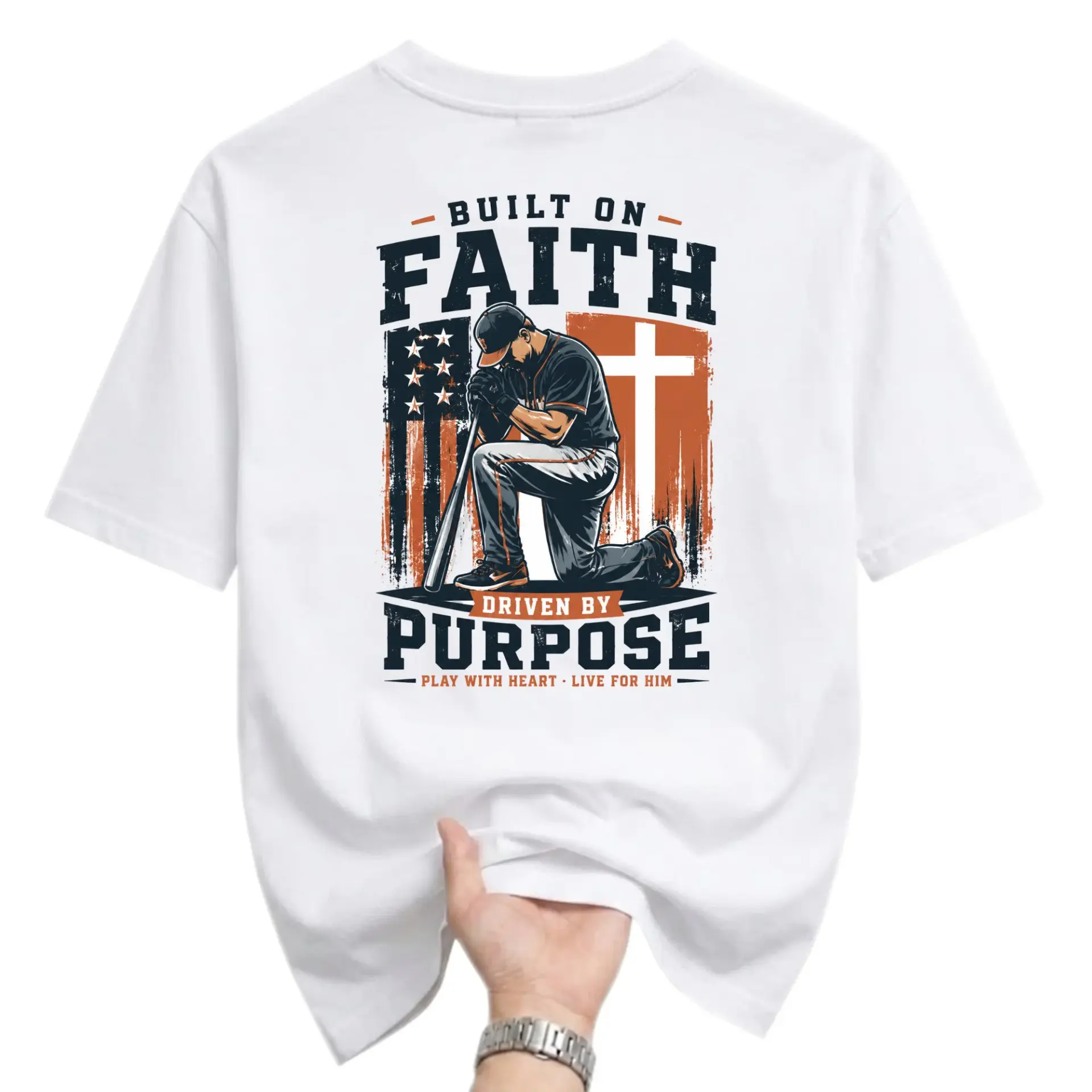Graphic Tee Built on Faith Driven by Purpose Baseball Player Design Unisex Crew Neck Short Sleeve Casual Cotton Shirt