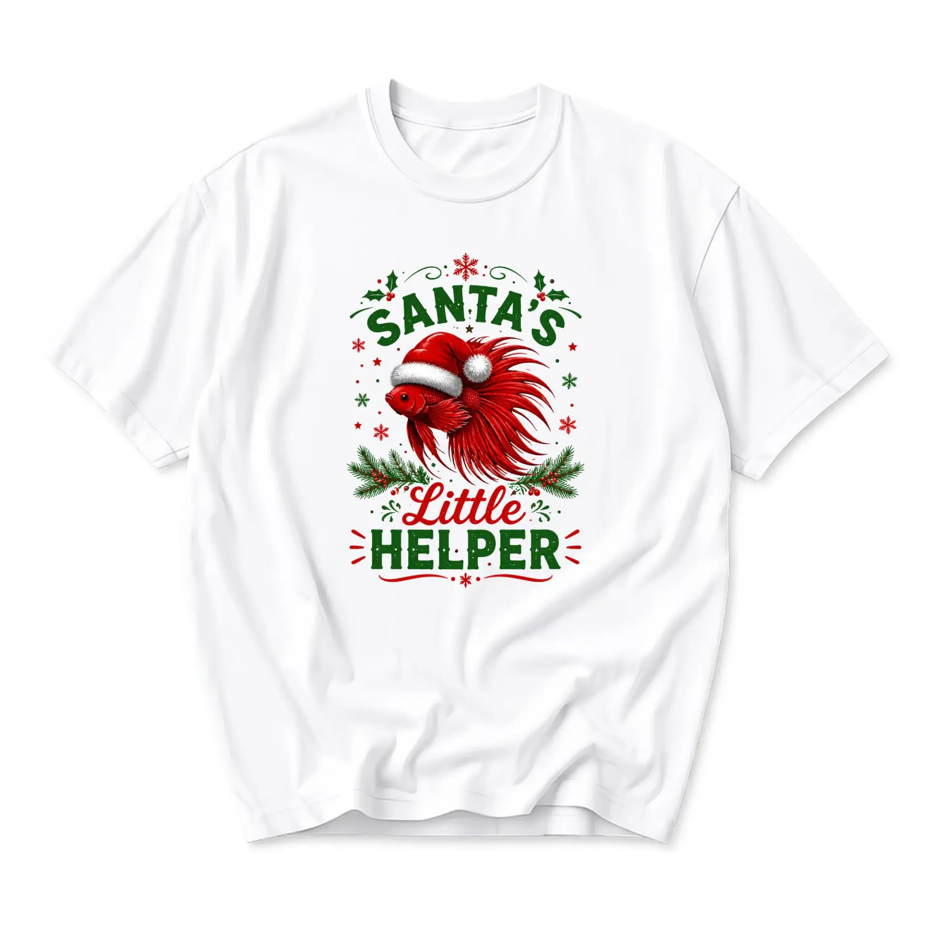 Funny Shirt Santa's Little Helper Betta Fish Graphic Tee Unisex Crew Neck Casual Holiday Apparel for Every Day Wear