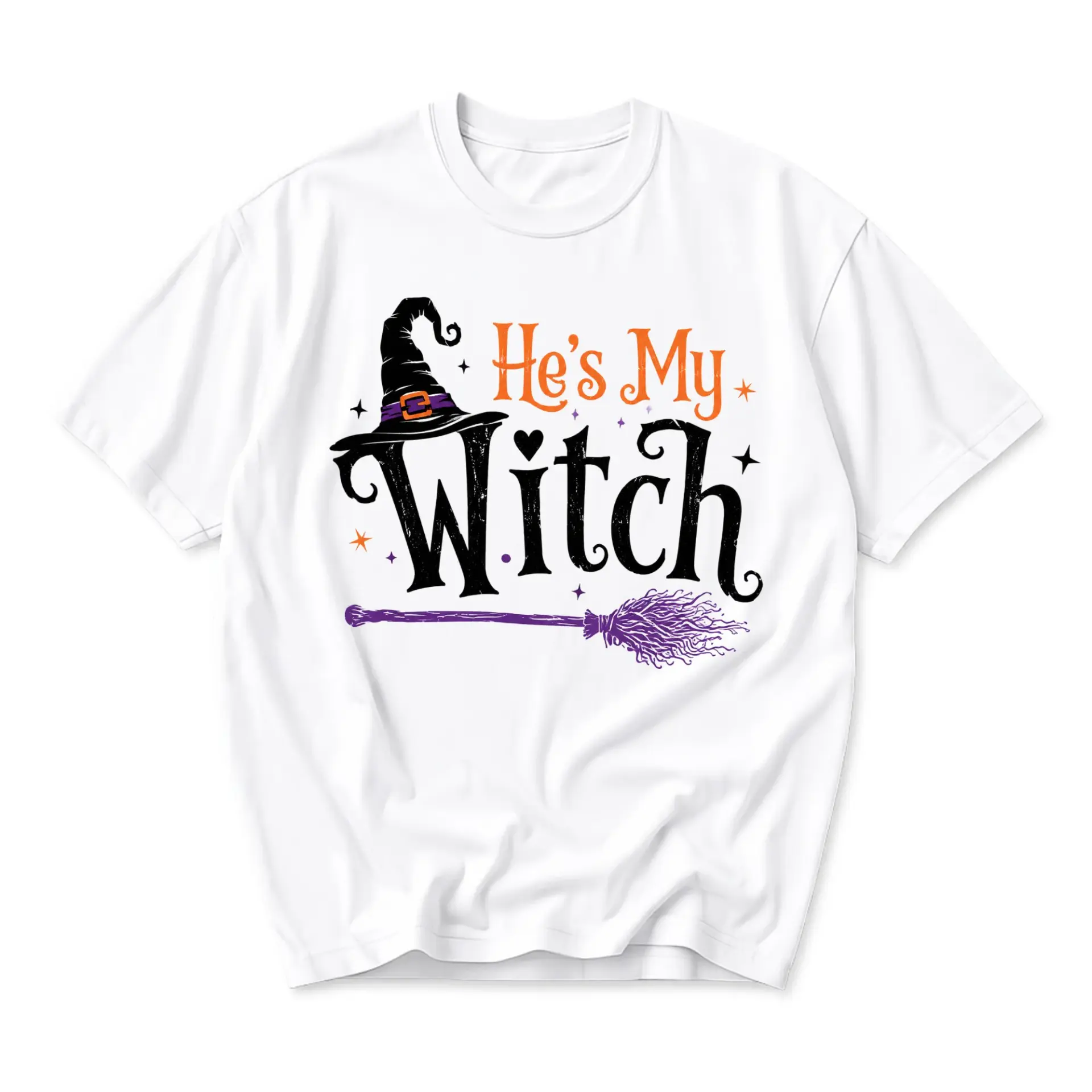 Funny Shirt He's My Witch Halloween Graphic Tee for Adults Unisex Casual Cotton Crew Neck Top Fall Seasonal Apparel