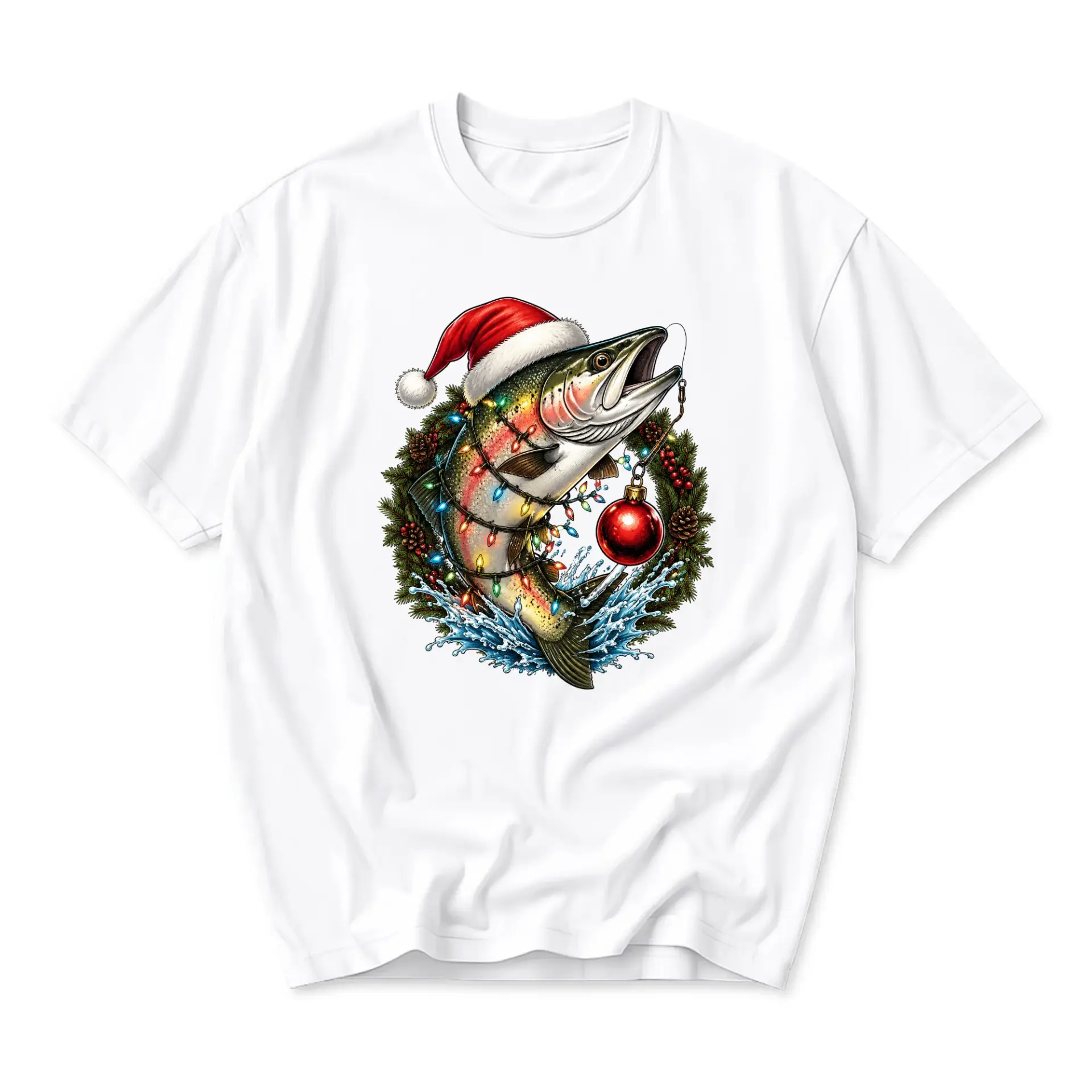 Graphic Tee Unisex Crew Neck T-Shirt Featuring Christmas Fishing Holiday
