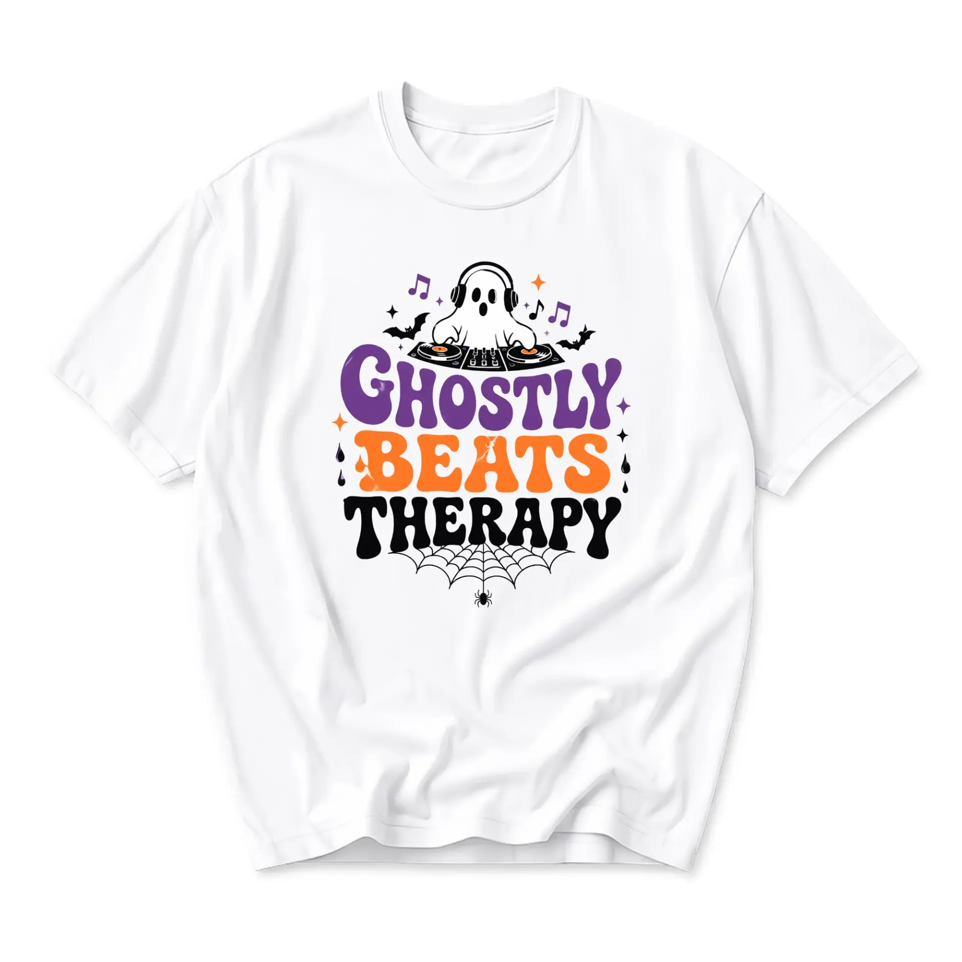 Funny Shirt Ghostly Beats Therapy Graphic Tee Unisex Crew Neck Casual Everyday Wear Soft Comfortable Cotton Blend Top