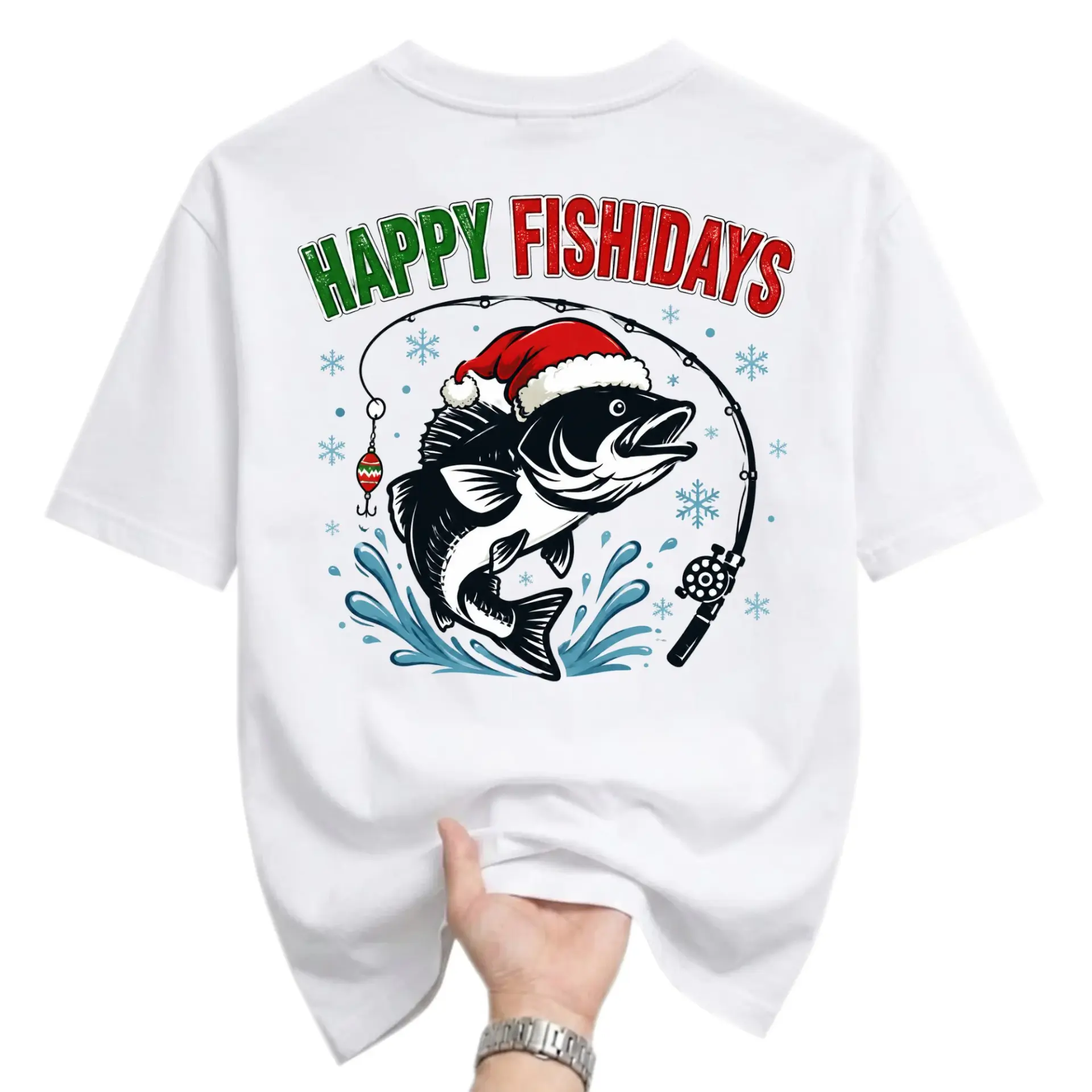 Funny Shirt Happy Fishidays Graphic Tee for Fishing Enthusiasts Christmas Holiday Apparel Unisex Crew Neck White T-Shirt