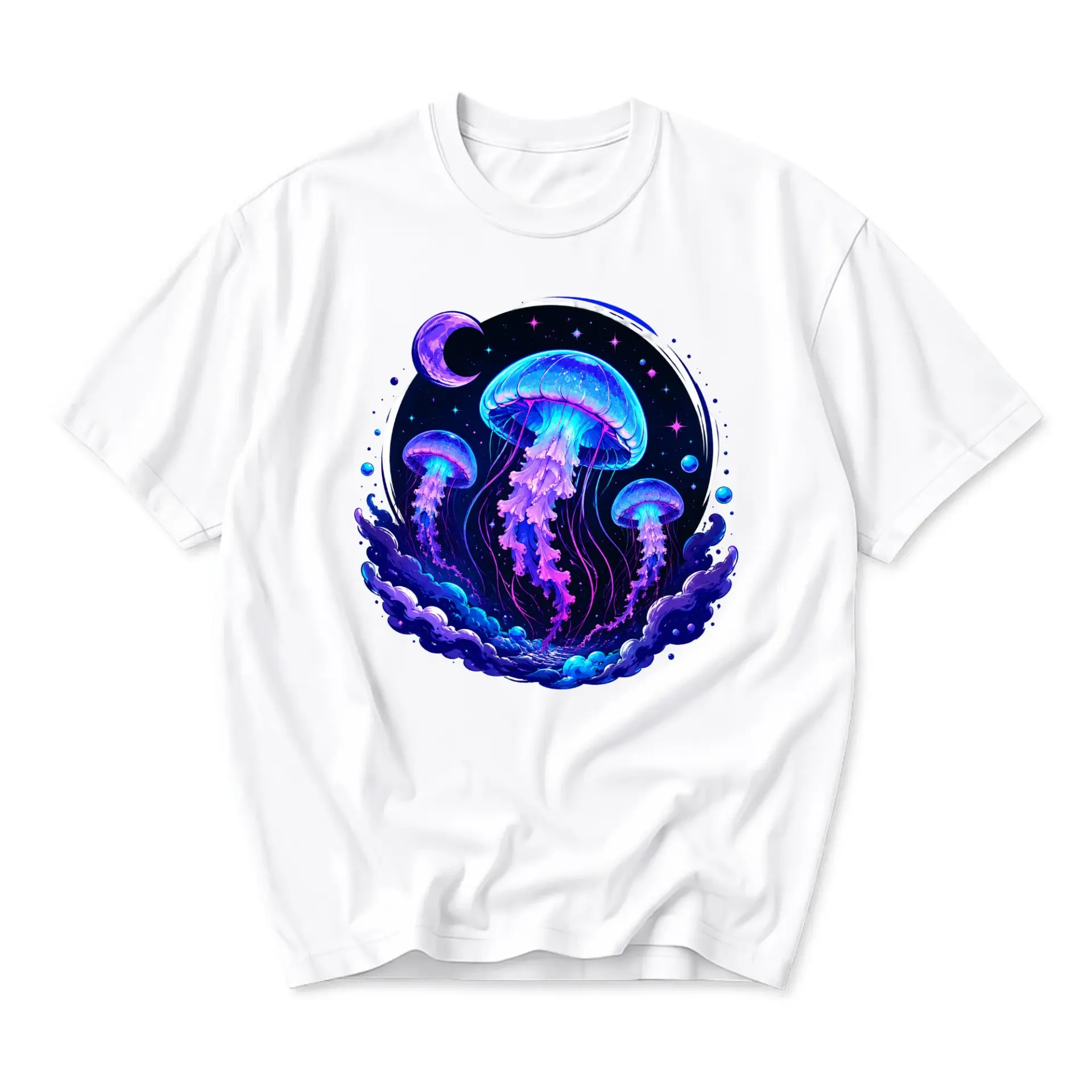 Graphic Tee Unisex Jellyfish Celestial Space Print Casual Crew Neck Cotton Blend Soft Everyday Wear White Shirt
