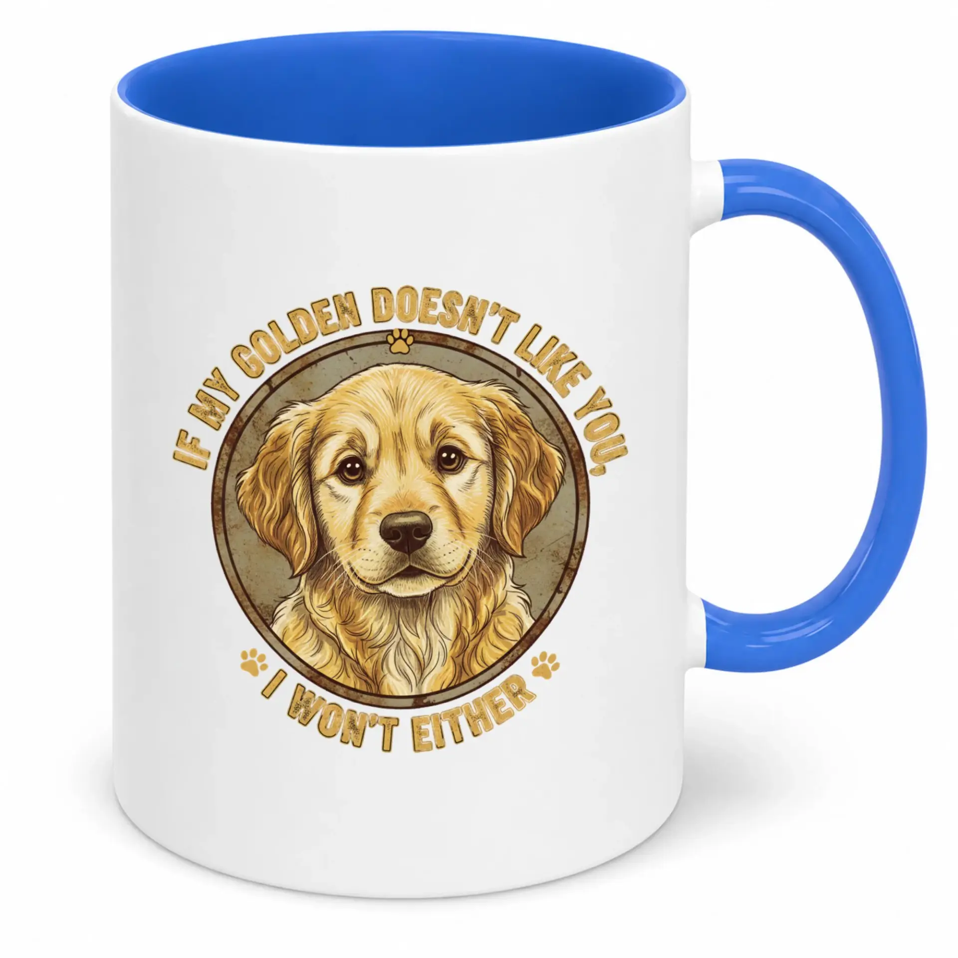 Funny Golden Dog Lover Coffee Mug Ceramic Tea Cup with Unique Pet Parent Saying Blue Handle and Interior Drinkware Gift