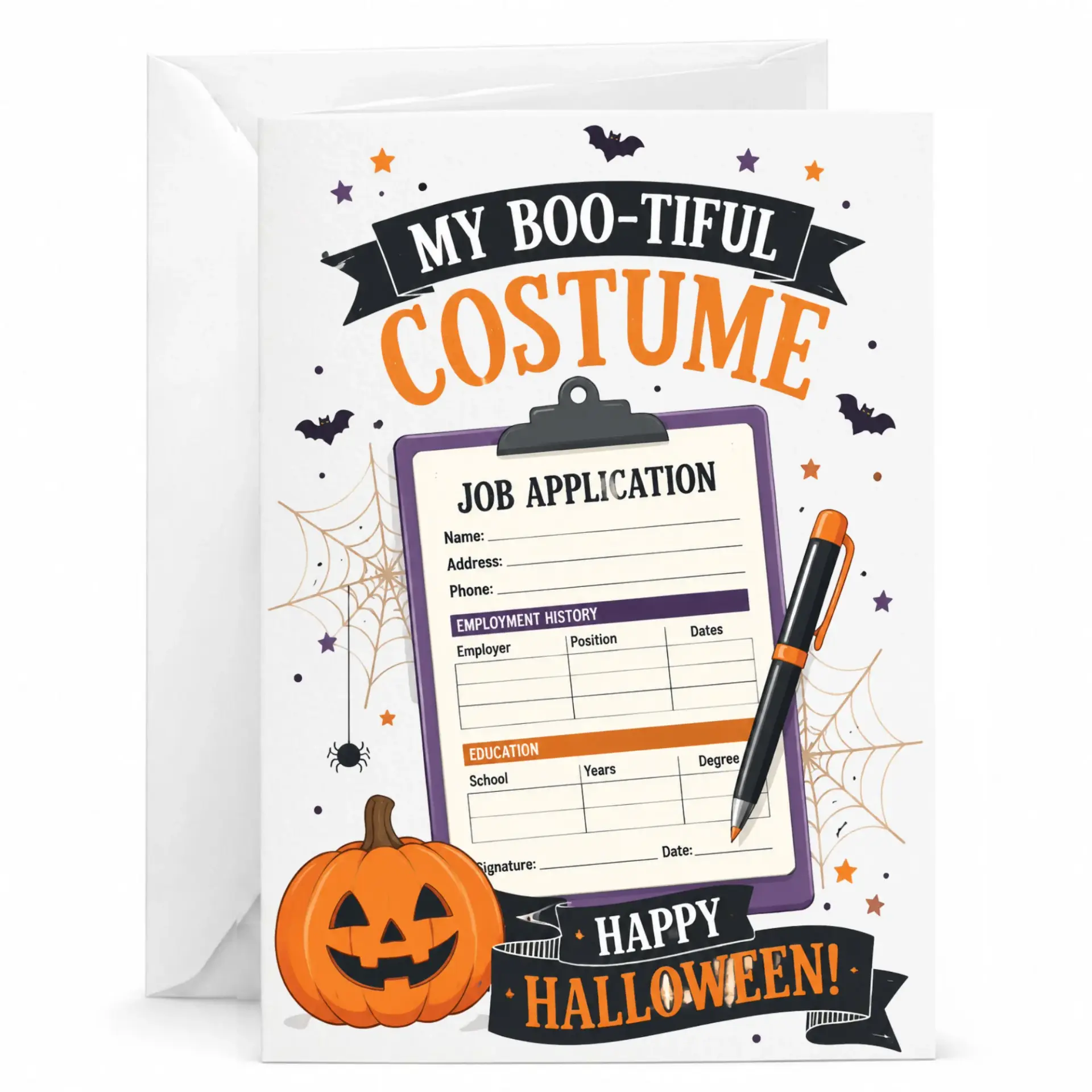 Funny Halloween Greeting Card My Boo-Tiful Costume Job Application Pun with Matching White Envelope 5x7 Inches