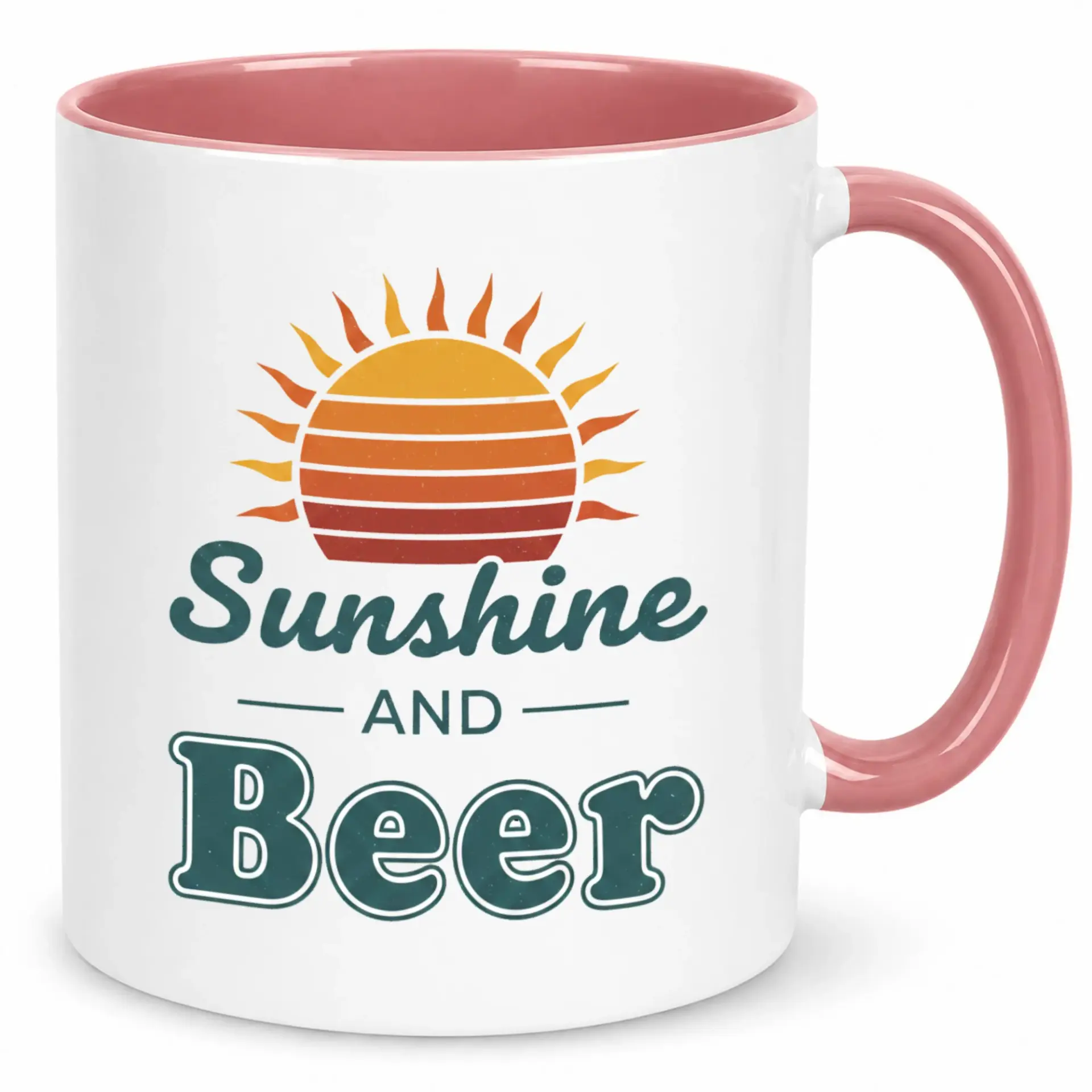 Funny Retro Sunshine and Beer Ceramic Coffee Mug with Pink Handle and Interior, Durable Beverage Cup for Home or Office