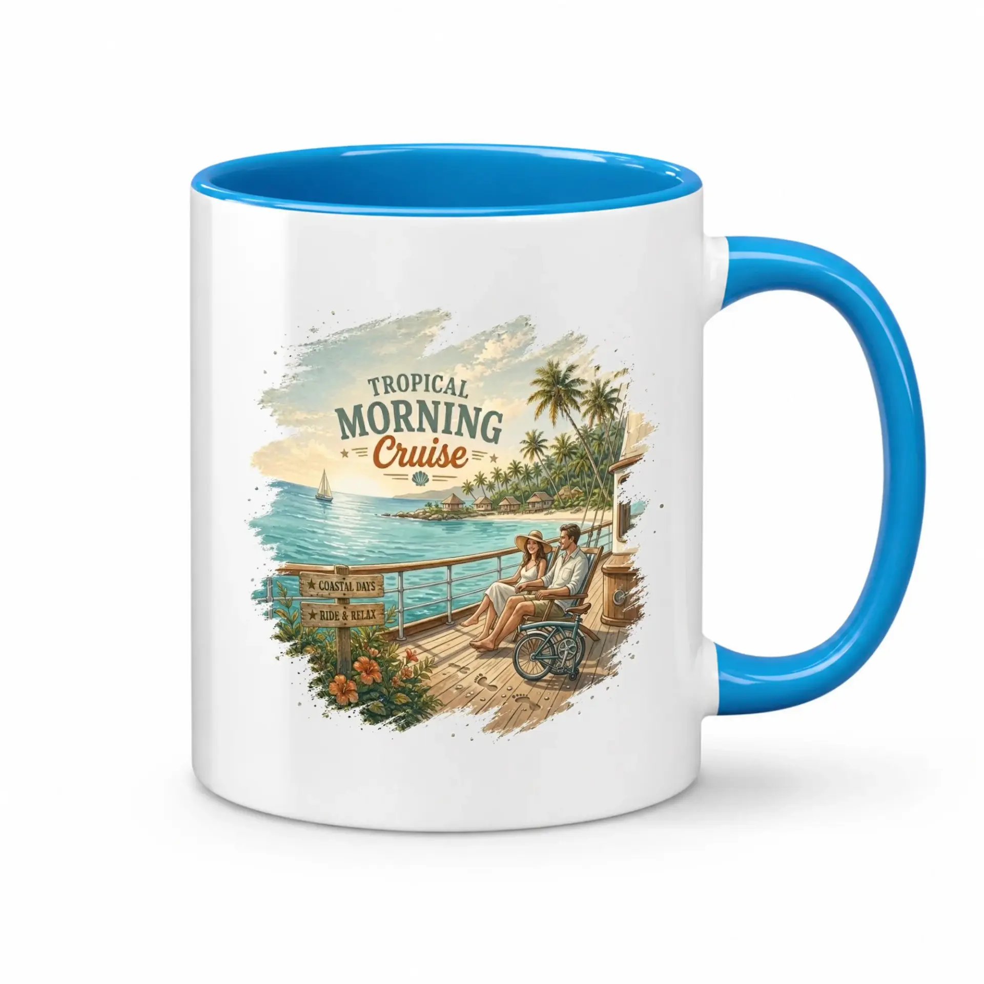 Tropical Morning Cruise Coffee Mug Featuring Scenery Artwork with a Couple Enjoying Ocean Views and Travel Vibes