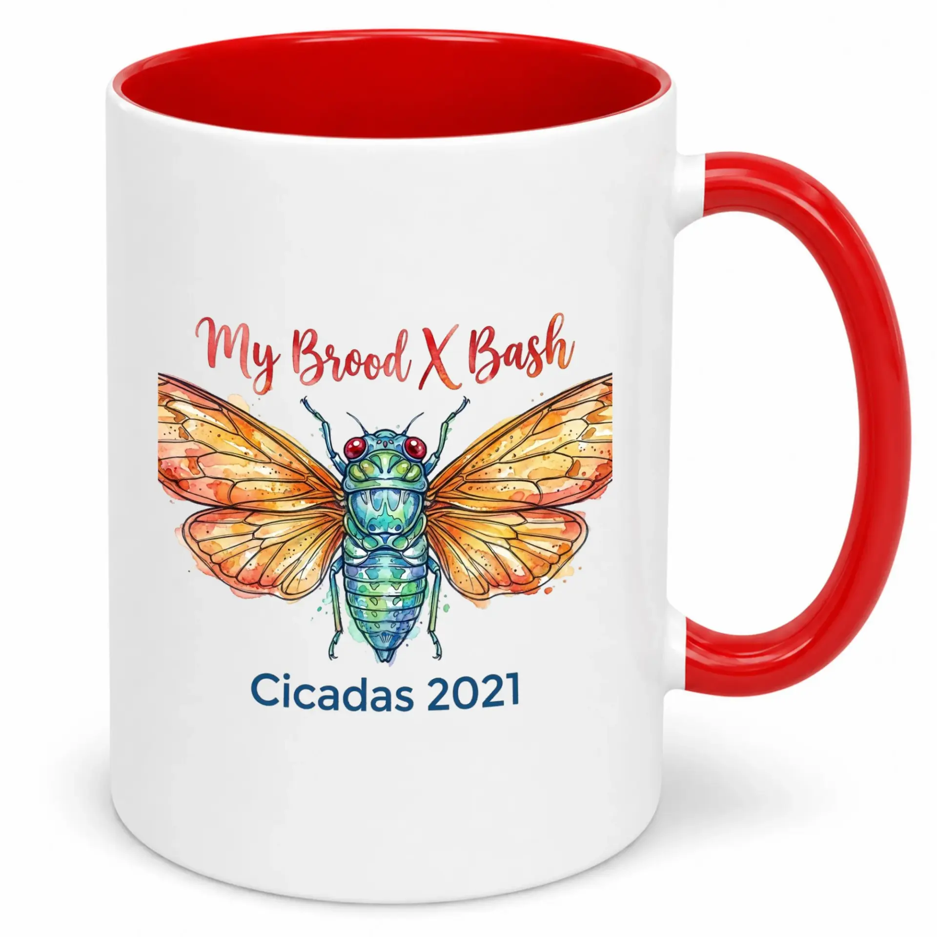 Funny Cicada Brood X Bash 2021 Ceramic Coffee Mug with Red Handle and Unique Insect Art Print, Large Capacity Beverage Cup for Nature Enthusiasts