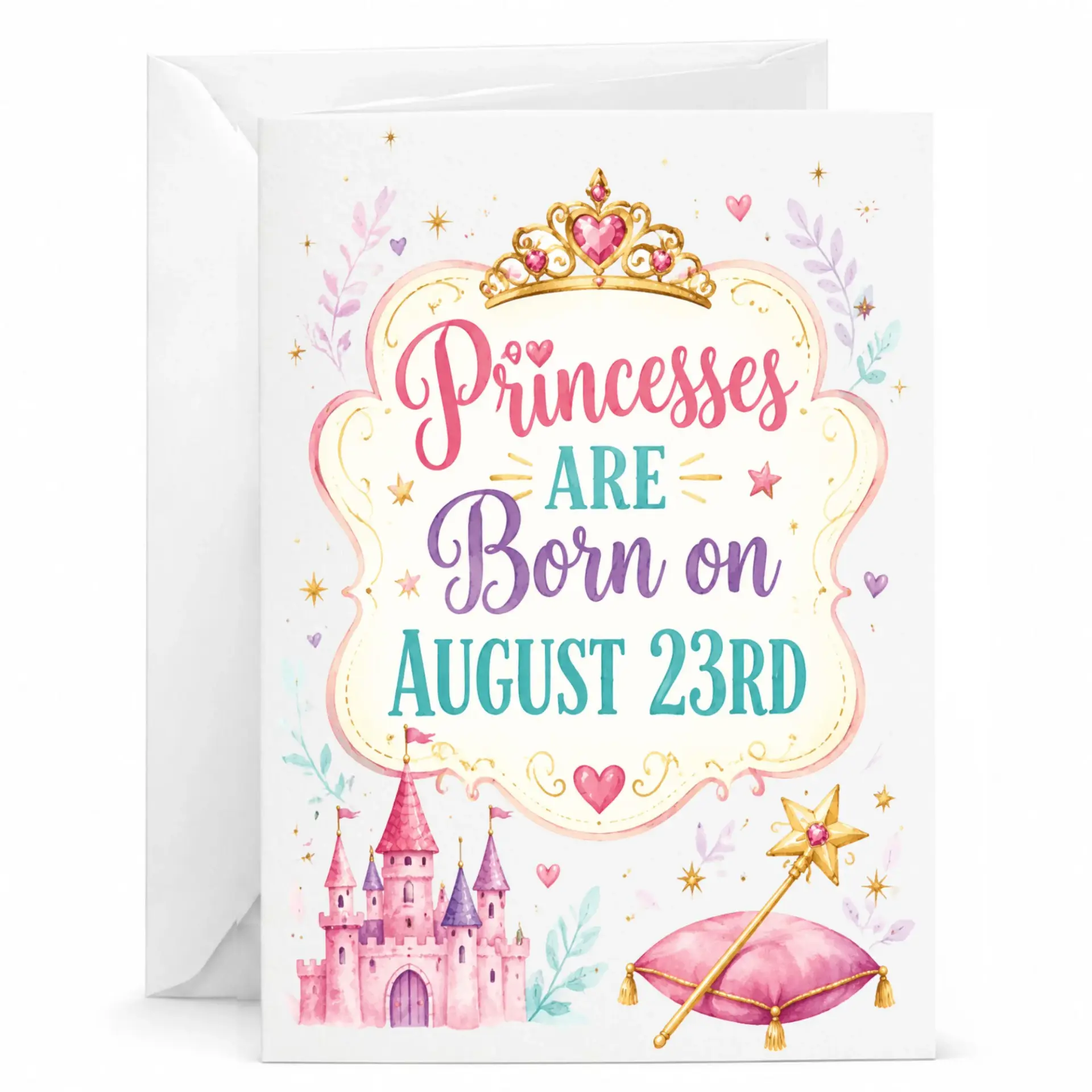 Birthday Card Princesses Are Born on August 23rd Royal Theme Greeting Card with Matching White Envelope
