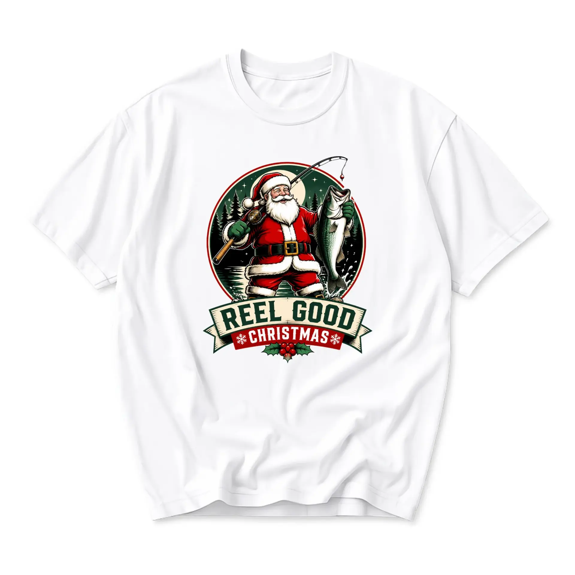 Funny Shirt Reel Good Christmas Santa Fishing Graphic Tee Unisex Casual