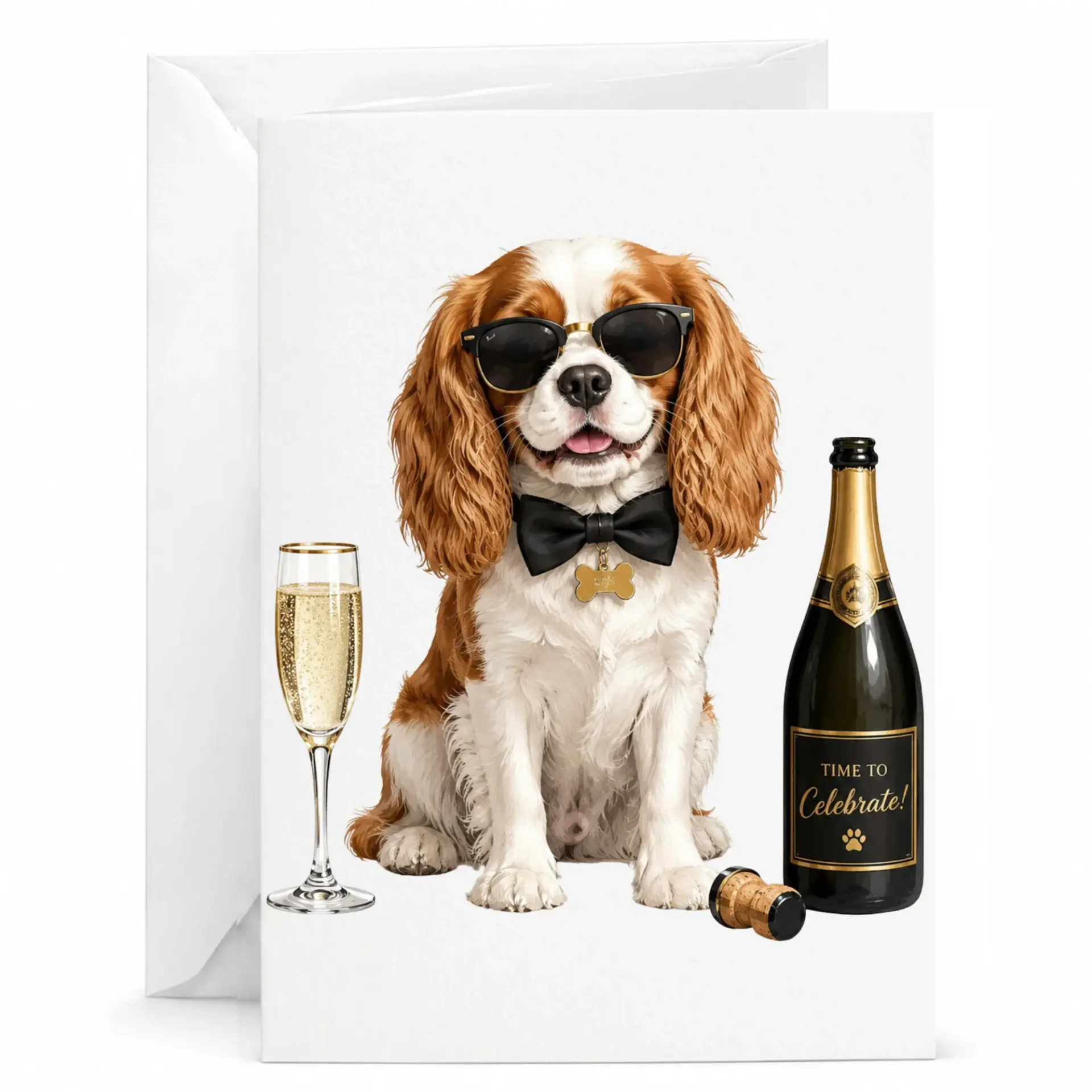 Funny Dog Birthday Card Charles Spaniel Wearing Sunglasses and Bow Tie with Champagne Bottle