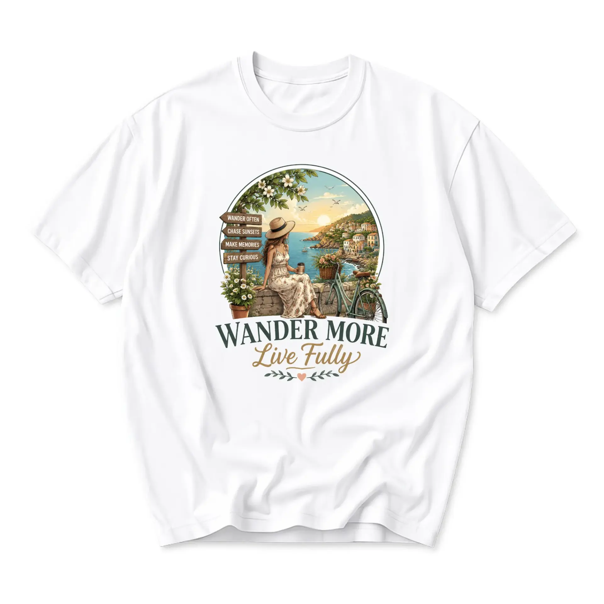 Graphic Tee Wander More Live Fully Inspirational Travel Themed Unisex Crew Neck Short Sleeve Casual Cotton Blend Shirt