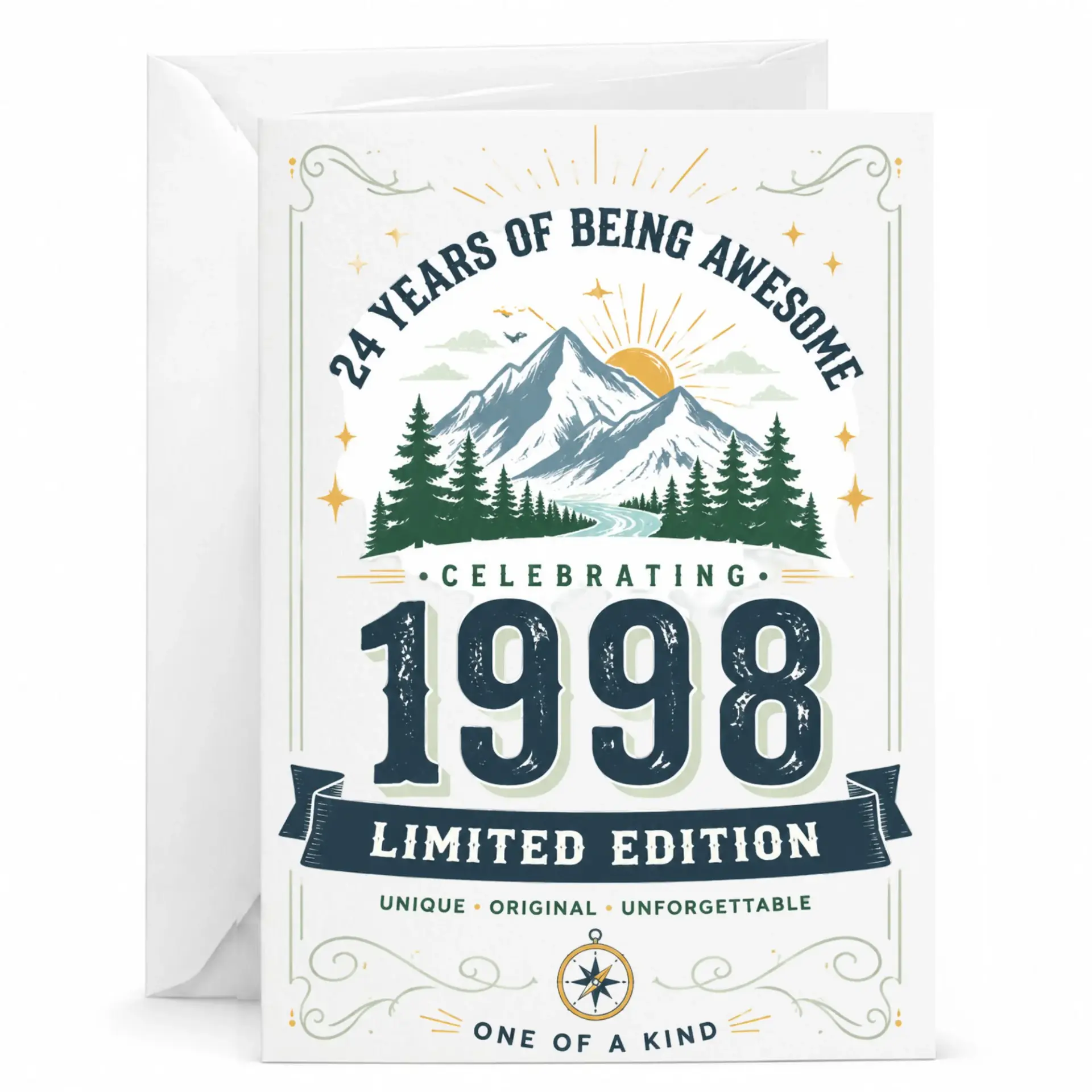 Greeting Card 24th Birthday Vintage Style 1998 Limited Edition Mountain Theme Keepsake Note for Milestone Celebration