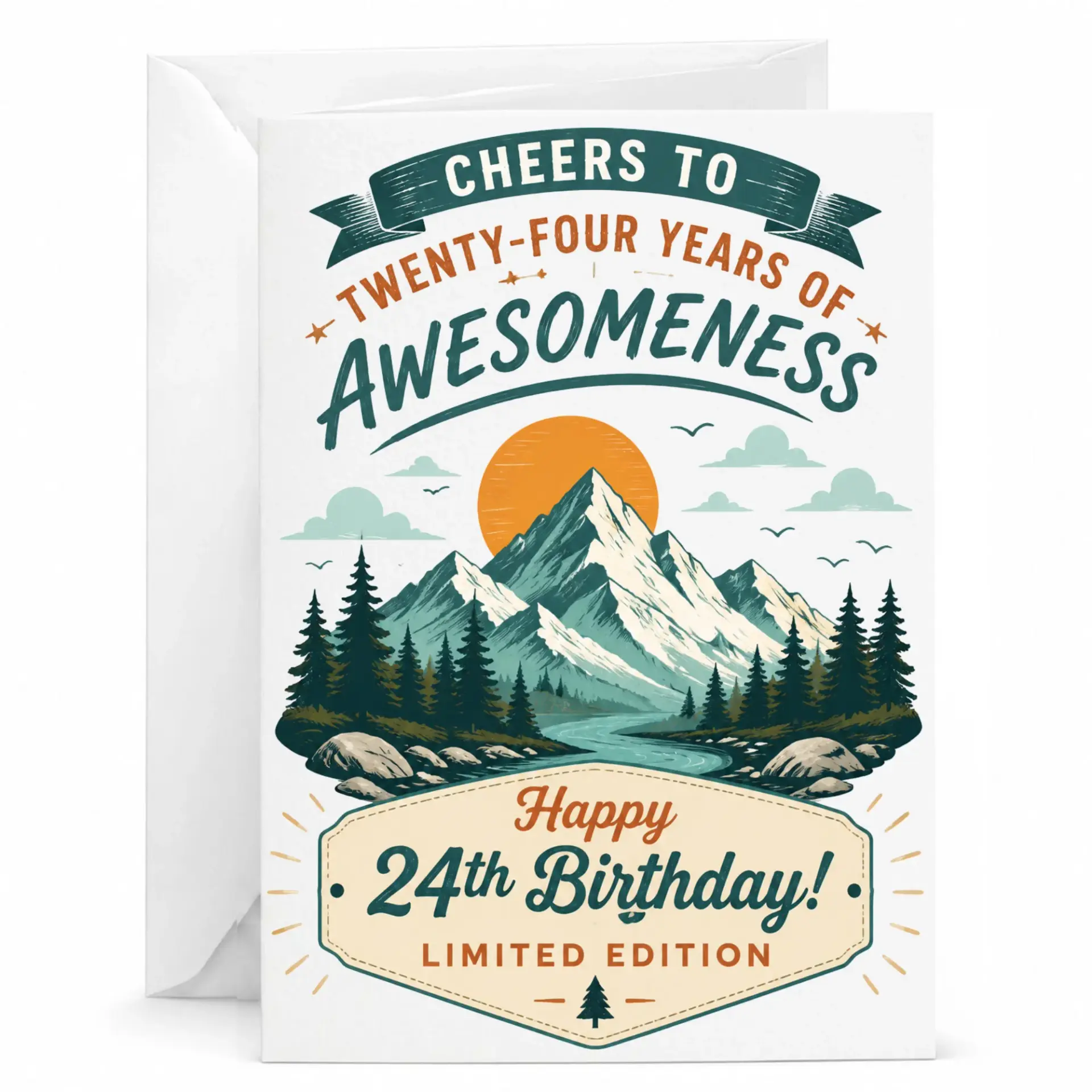 Birthday Card for 24th Birthday Cheers to Twenty-Four Years of Awomeness Mountain Landscape Greeting Card with Envelope