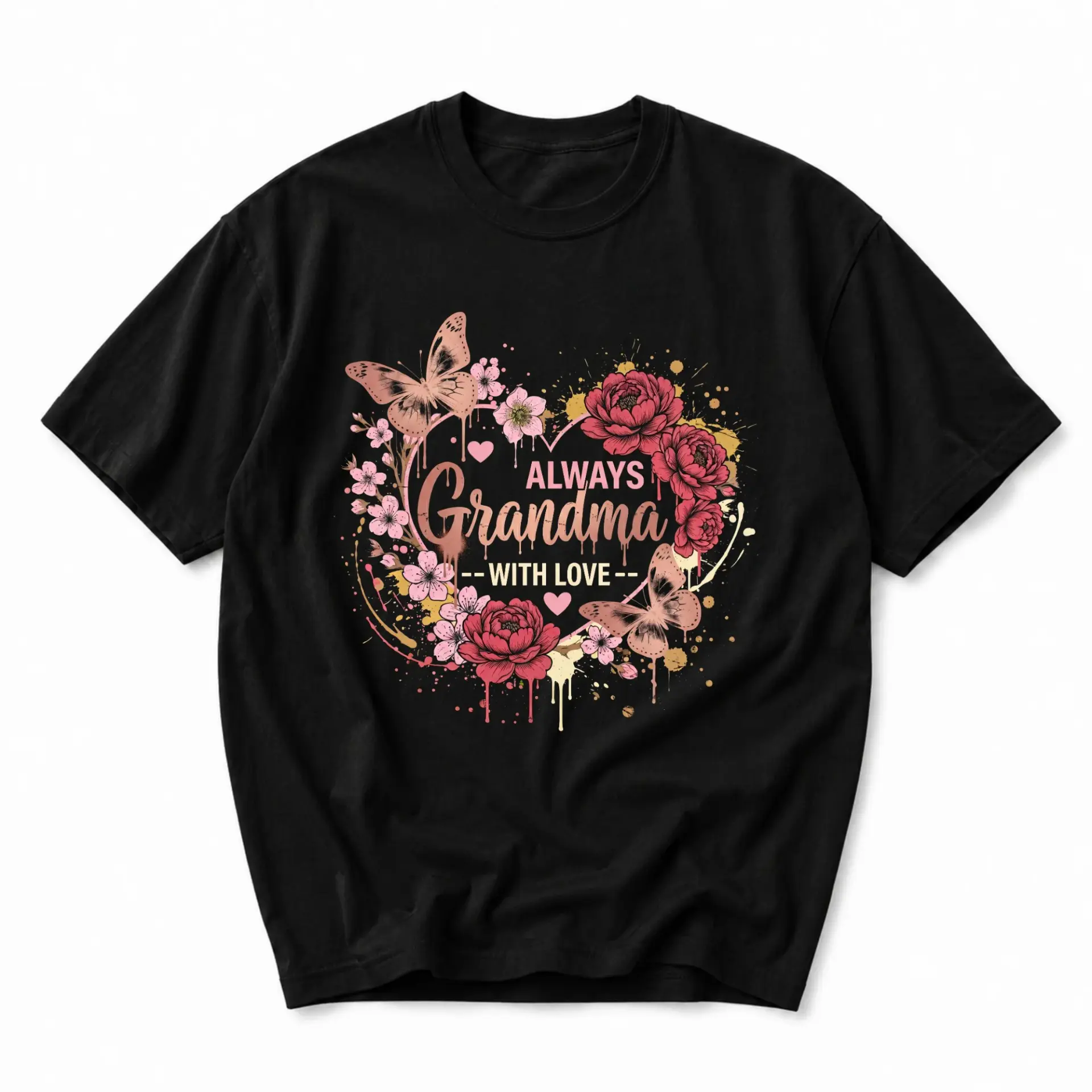 Graphic Tee Always Grandma with Love Floral Butterfly Design Unisex Casual Crew Neck Comfortable Cotton Shirt