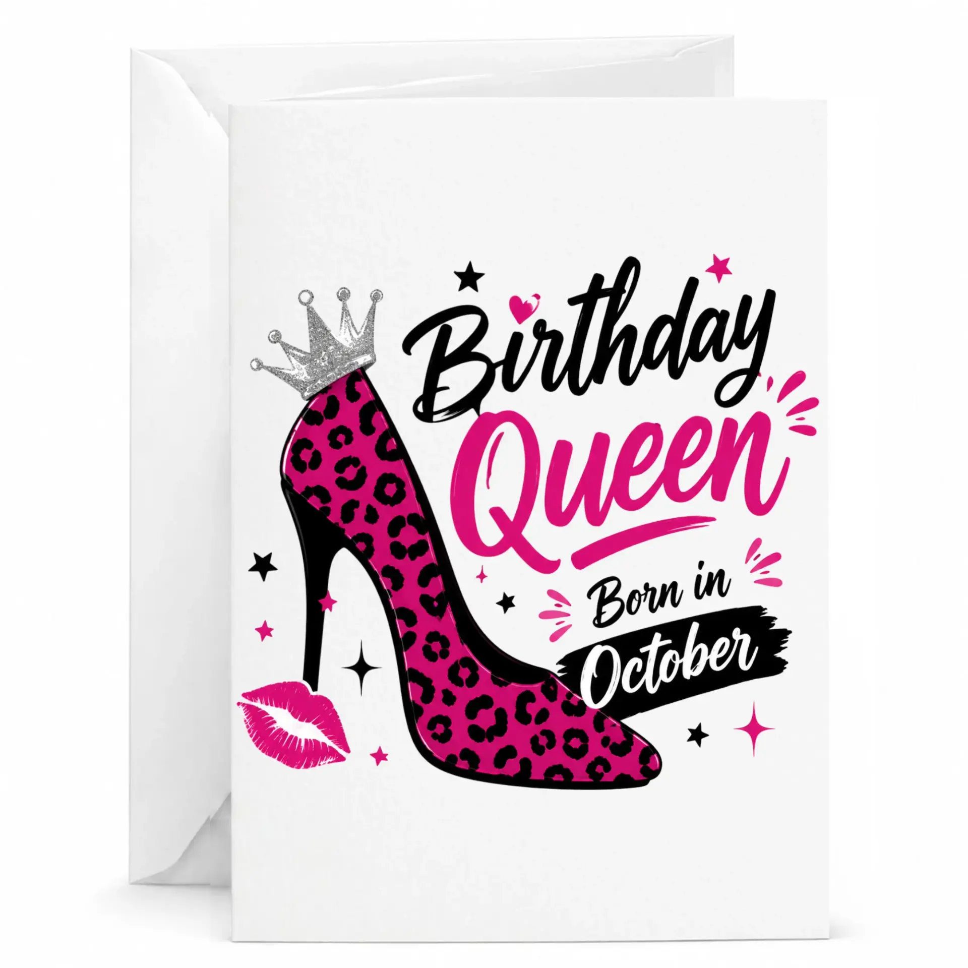 Birthday Queen Born in October Greeting Card Leopard Print High Heel Stiletto Design Personalized Stationery 5x7 Inches