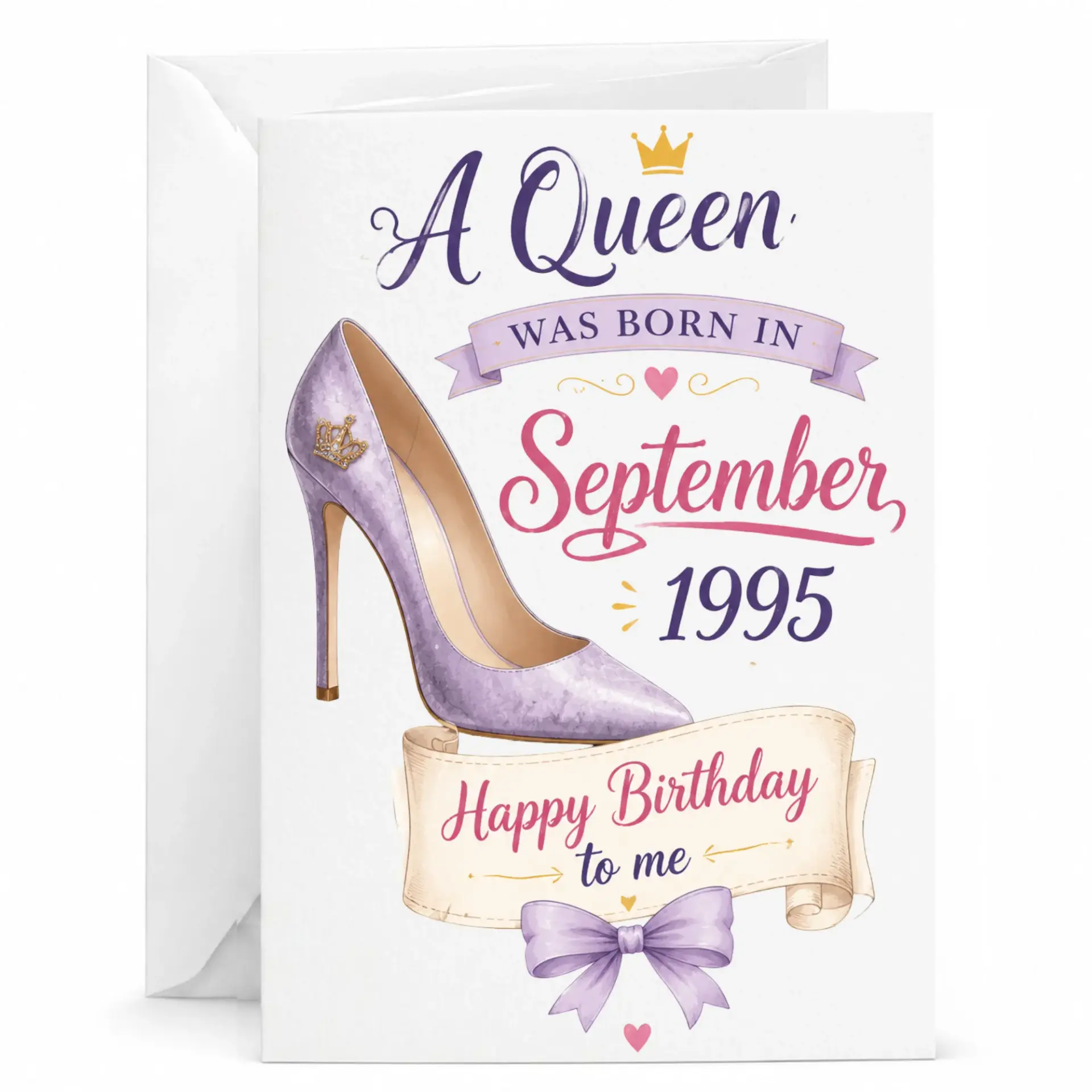 Birthday Card Queen Born in September 1995 Stiletto Shoe Design Greeting Card with Matching White Envelope