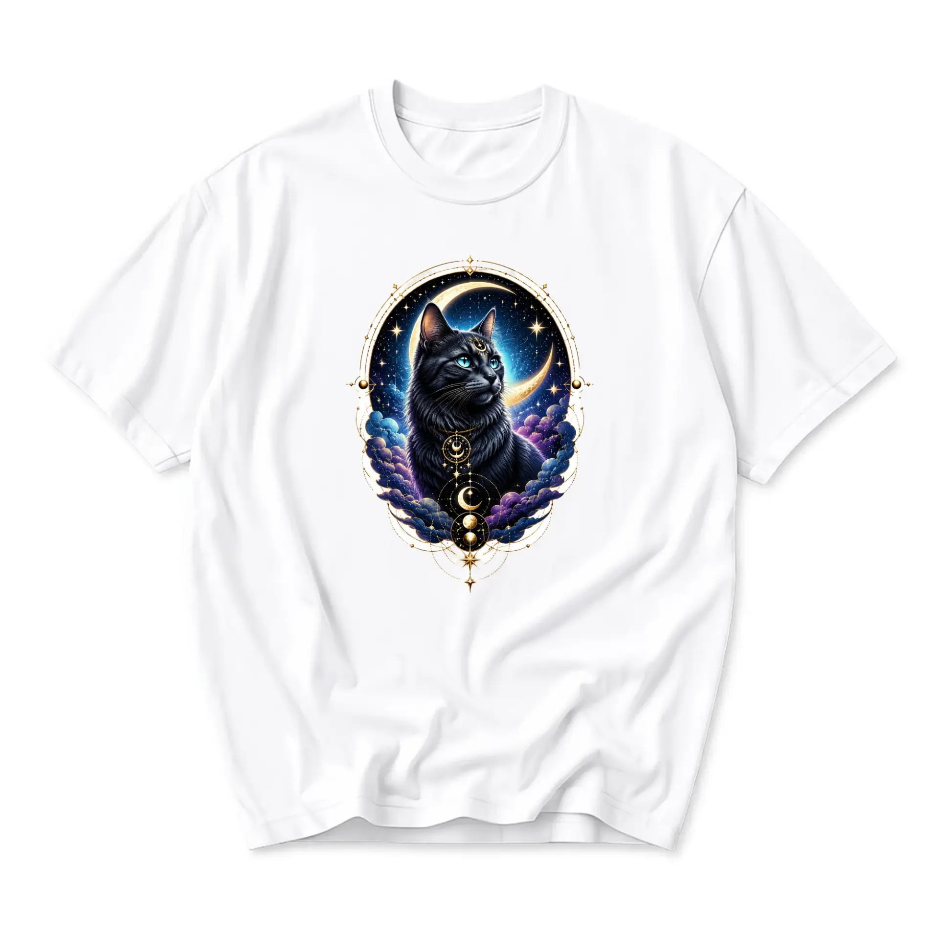 Graphic Tee Celestial Black Cat Moon Stars Print Unisex Crew Neck Cotton Blend Soft Everyday Comfortable T-Shirt