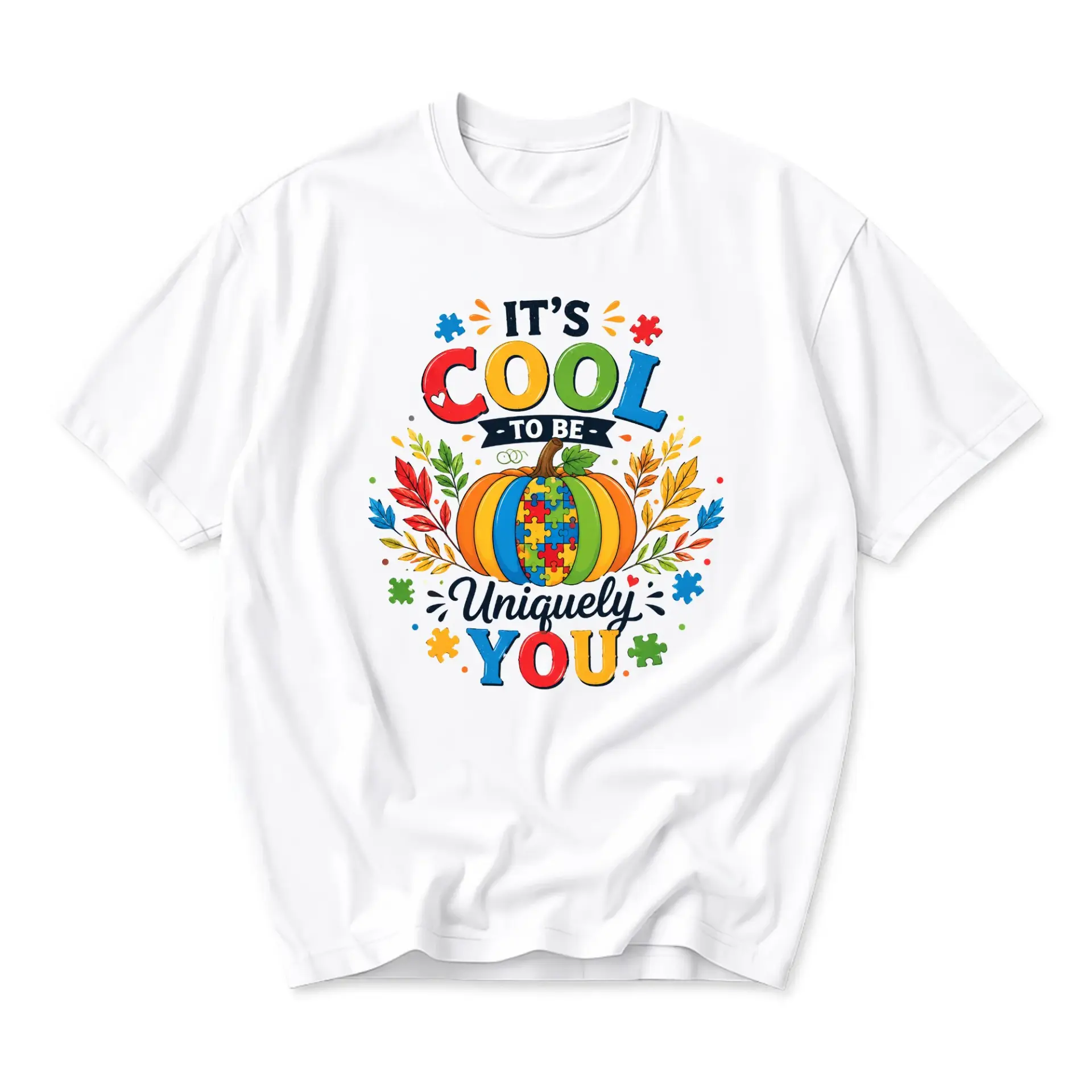Graphic Tee It Is Cool to Be Uniquely You Fall Pumpkin Puzzle Piece Design Unisex Casual Crew Neck Printed Shirt
