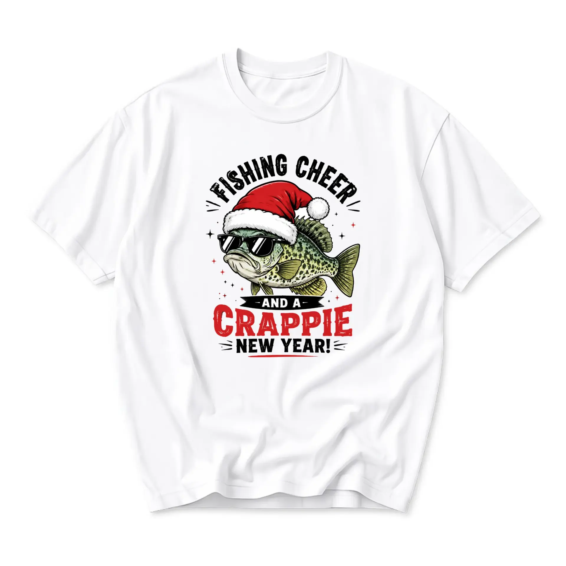 Funny Shirt Fishing Cheer and a Crappie New Year Graphic Tee Unisex Crew Neck Casual Holiday Apparel