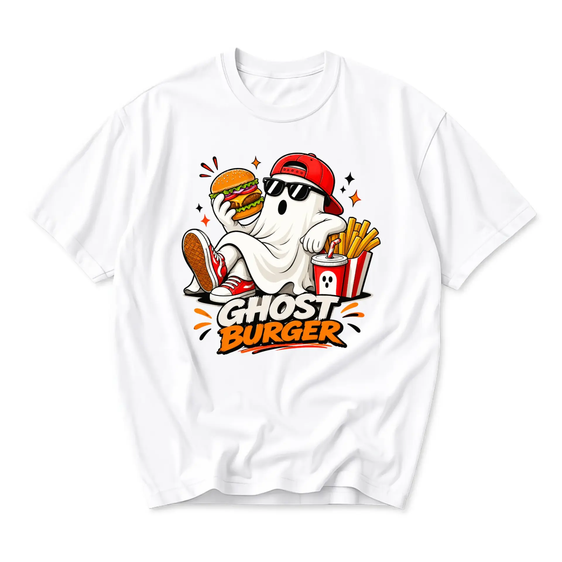 Graphic Tee Ghost Burger Casual Unisex Crew Neck T-Shirt Funny Food Illustration Apparel for Everyday Wear and Style