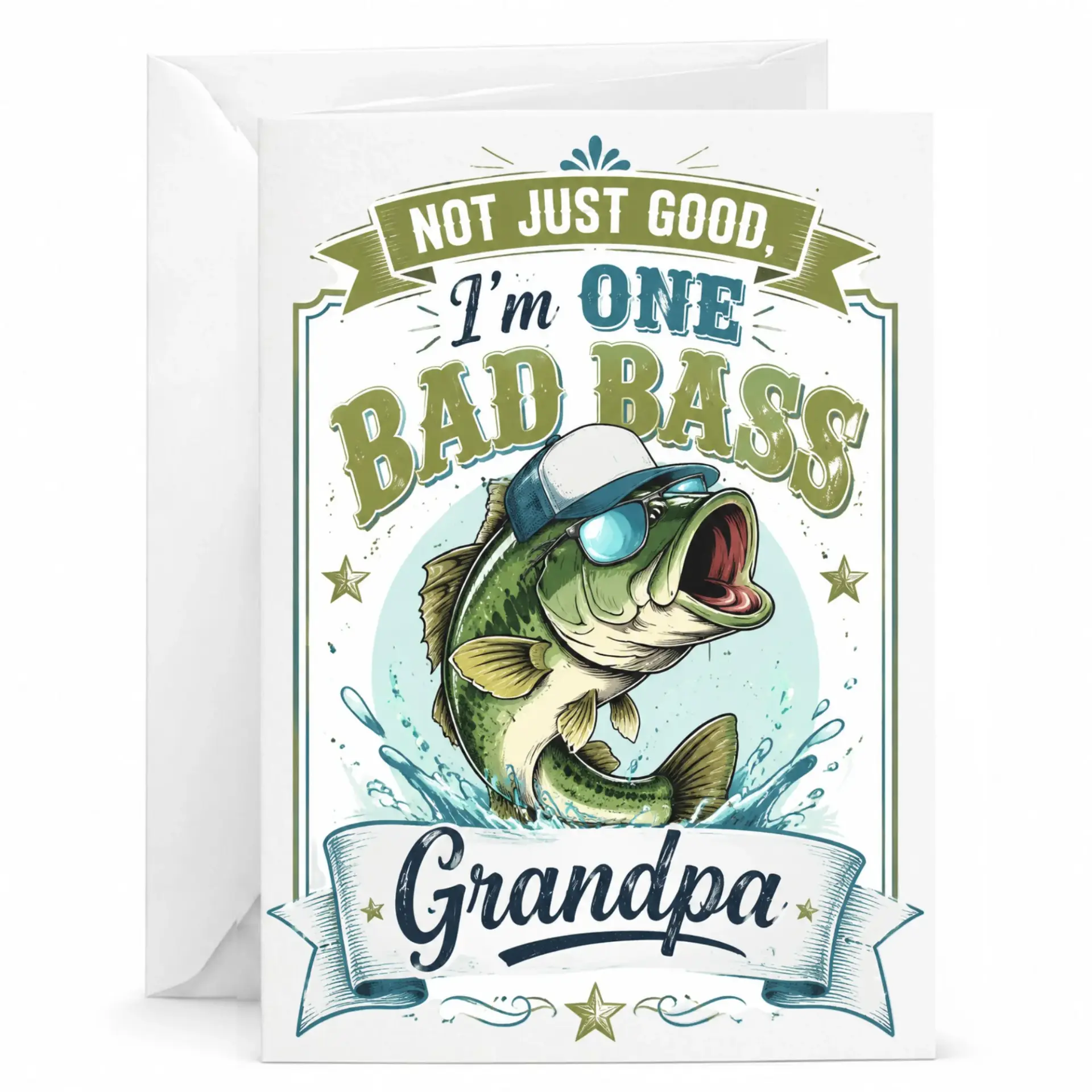 Funny Fishing Greeting Card for Grandpa, One Bad Bass Fisherman Birthday Stationery, Punny Outdoors Themed Note Card