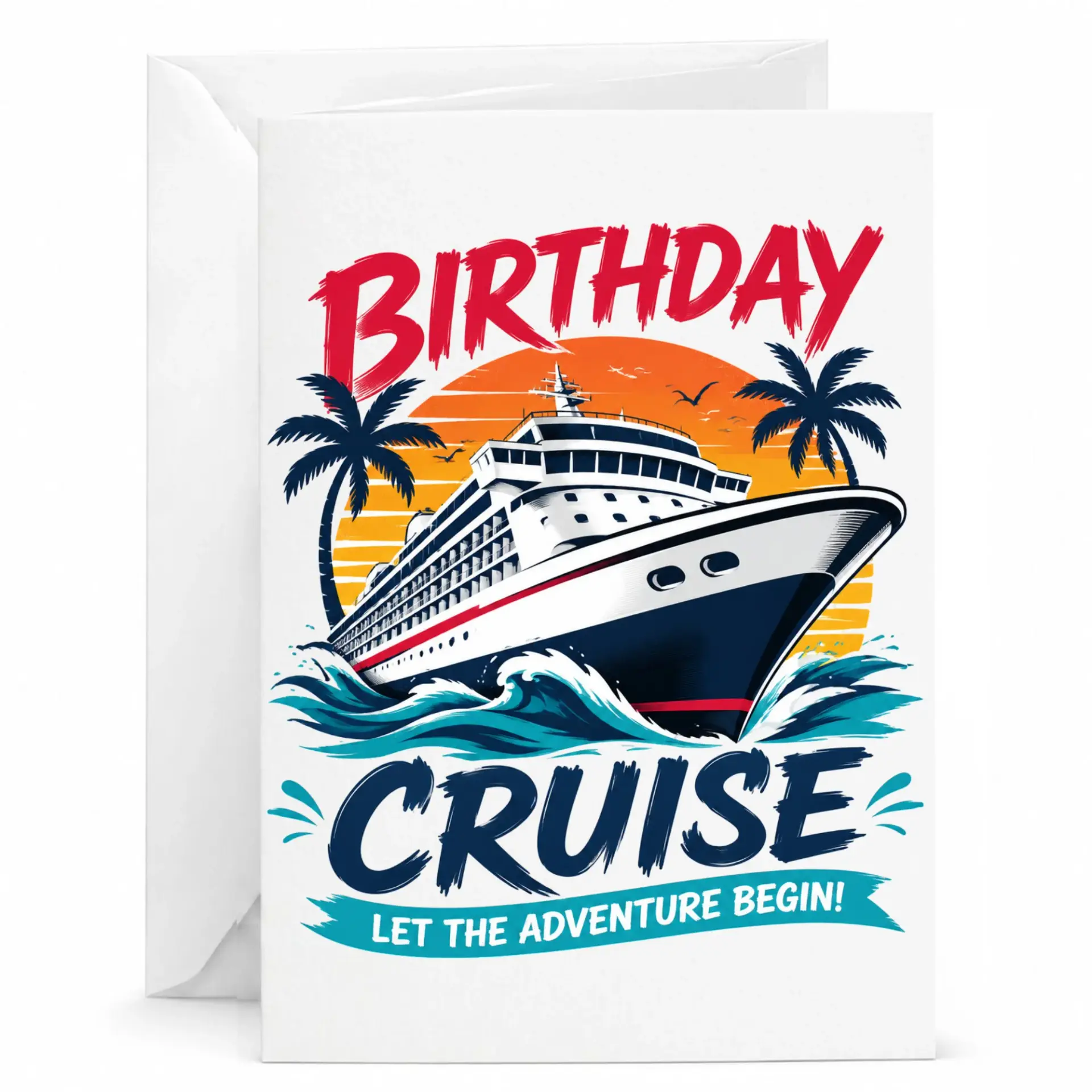 Birthday Cruise Greeting Card, Tropical Vacation Theme Card with Sunset and Ocean Liner Design, 5x7 Inches Folded