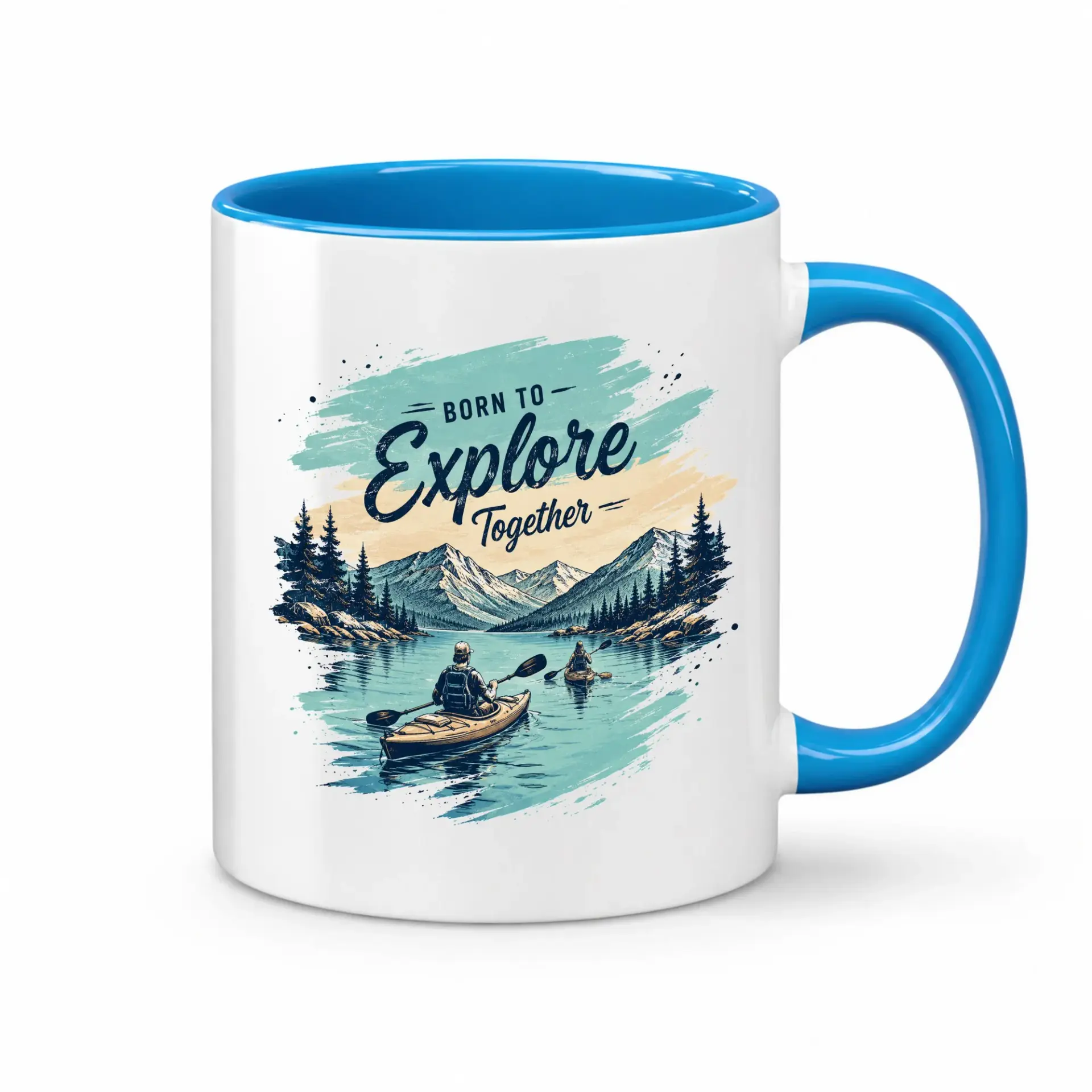 Adventurous Kayaking Themed Coffee Mug Featuring Scenic Mountain and Motivational Born to Explore Together Quote
