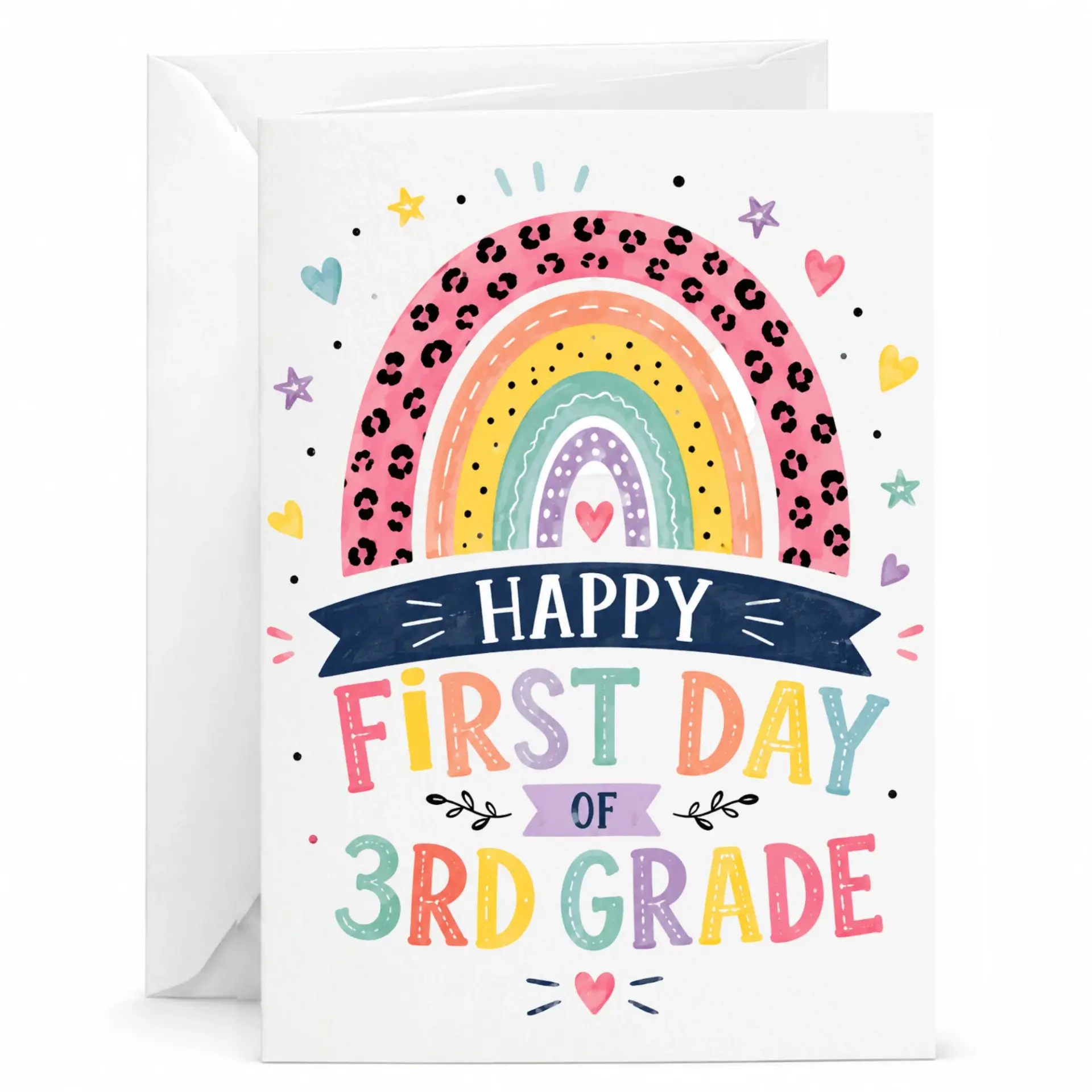 Greeting Card Happy First Day of 3rd Colorful Rainbow Leopard Print Design for Milestone Notes