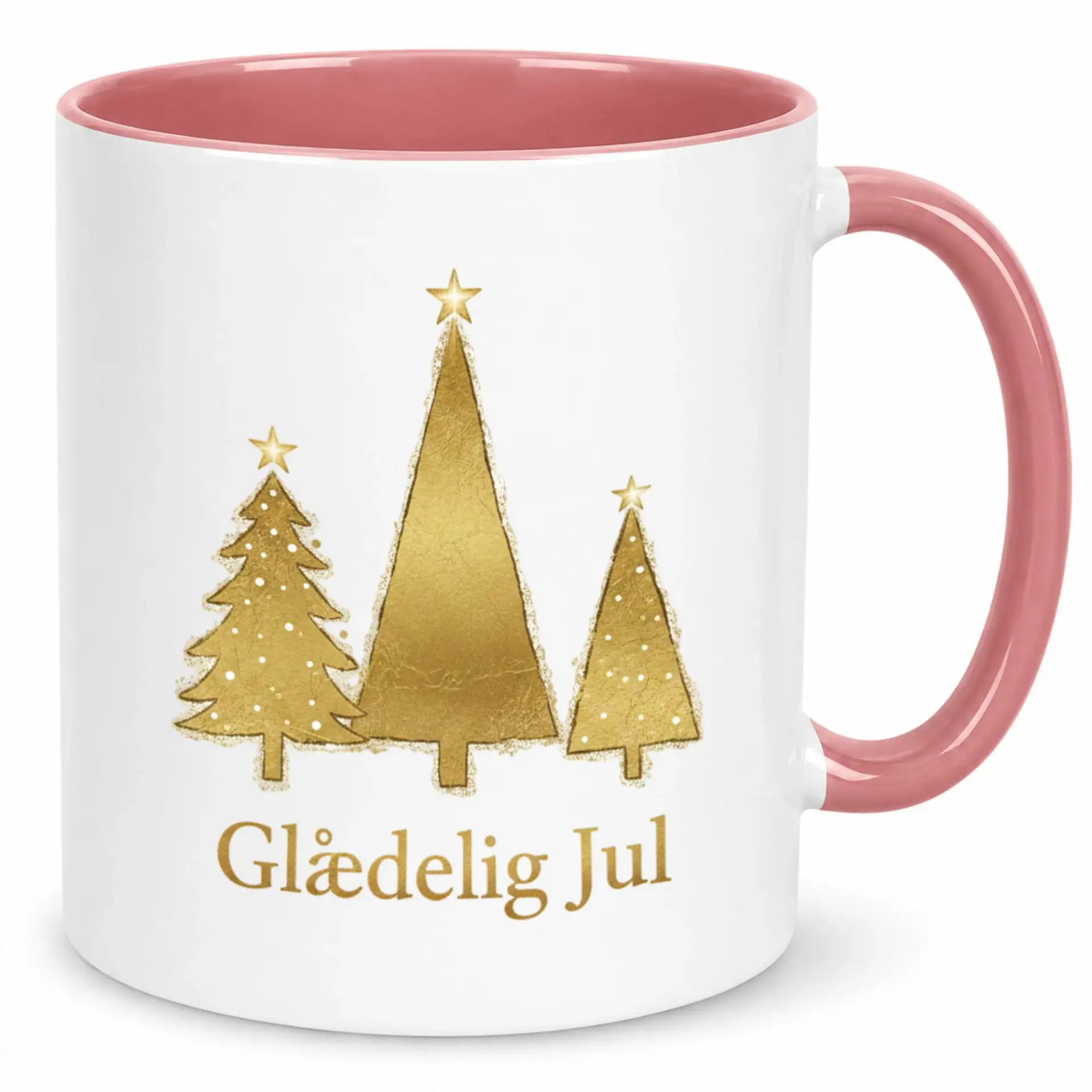 Ceramic Coffee Mug, Festive Gold Christmas Tree Design with "glædelig Jul" Holiday Drinkware, White with Pink Handle, 11oz or 15oz