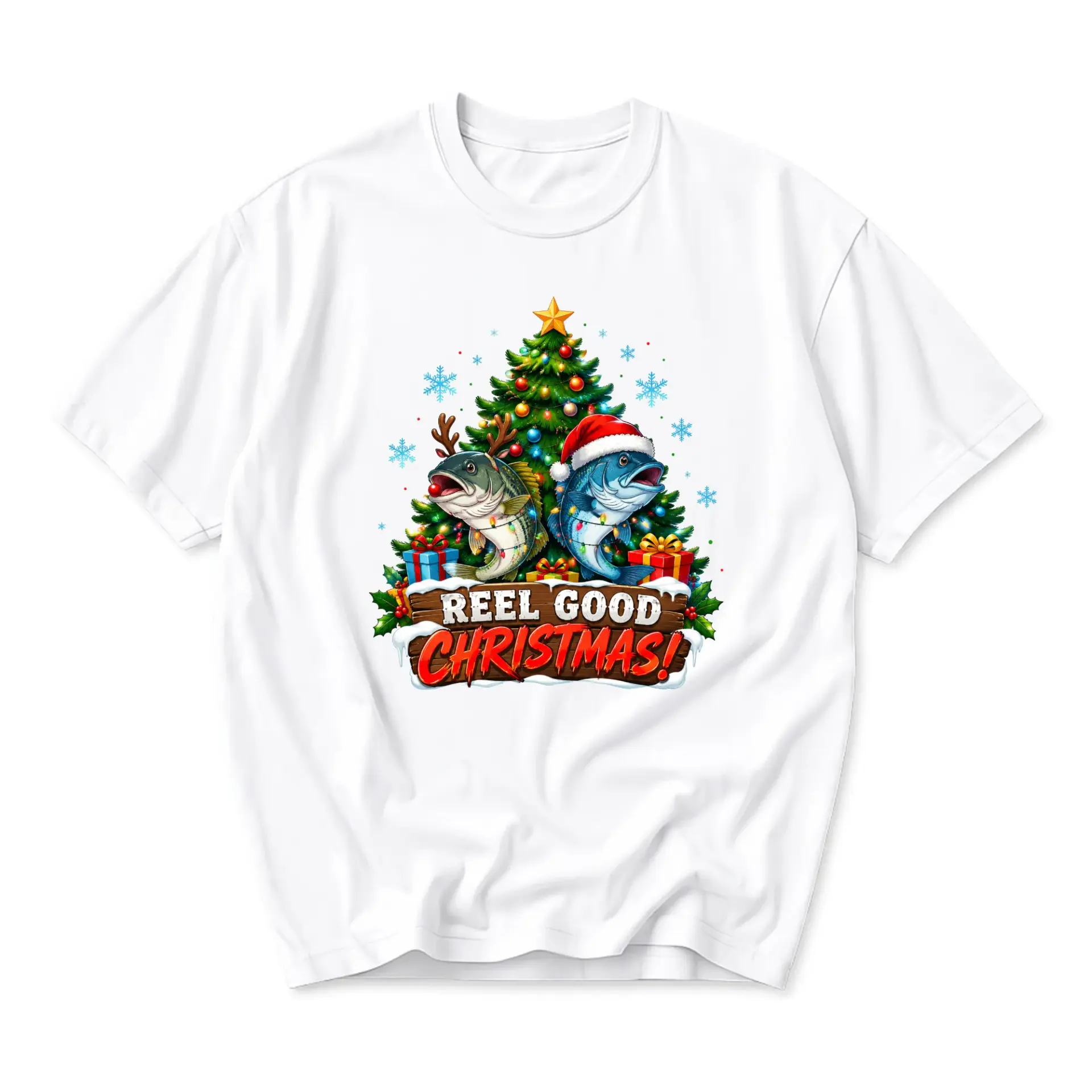 Funny Shirt Reel Good Christmas Graphic Tee Unisex Casual Apparel Holiday Season Fishing Theme Crew Neck Short Sleeve