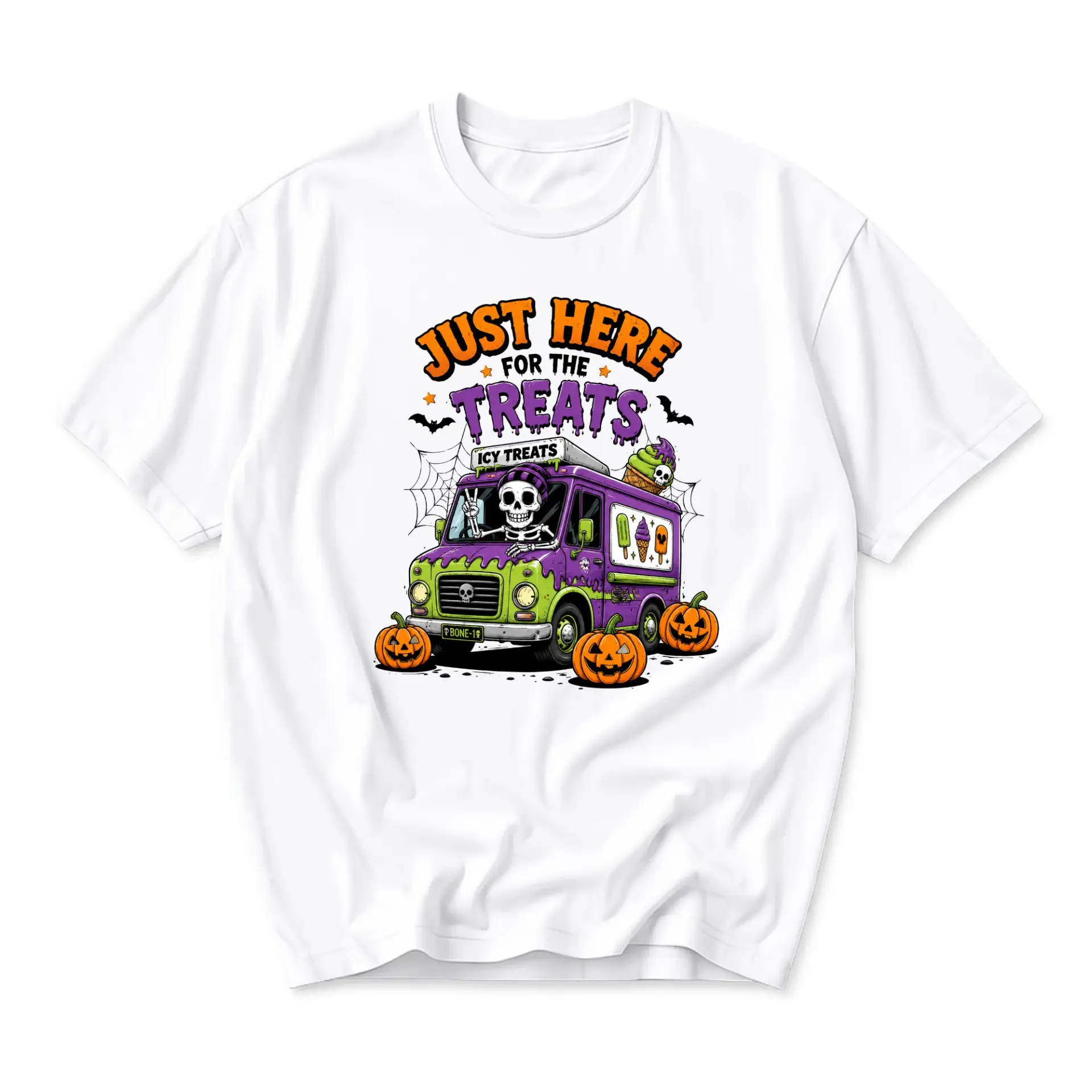 Funny Shirt Just Here for the Treats Halloween Ice Cream Truck Graphic Tee Unisex Crew Neck Casual Cotton Top