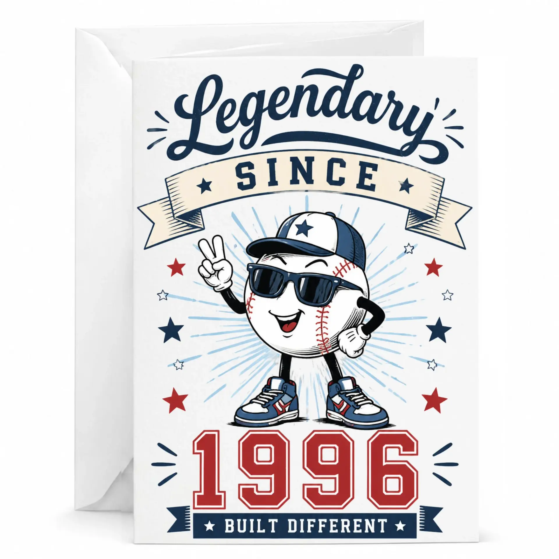 Greeting Card Legendary Since 1996 Built Different Baseball Character Design Printed Greeting Card with Envelope